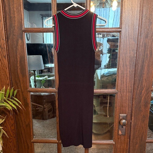 Premise Womens Black Ribbed Sleeveless Varsity Stripe Trim Sweater Dress Small