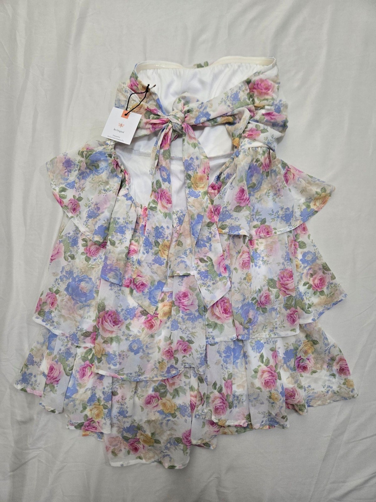 Originality Sundress Womens L White Floral Strapless Sweetheart Tie Lined