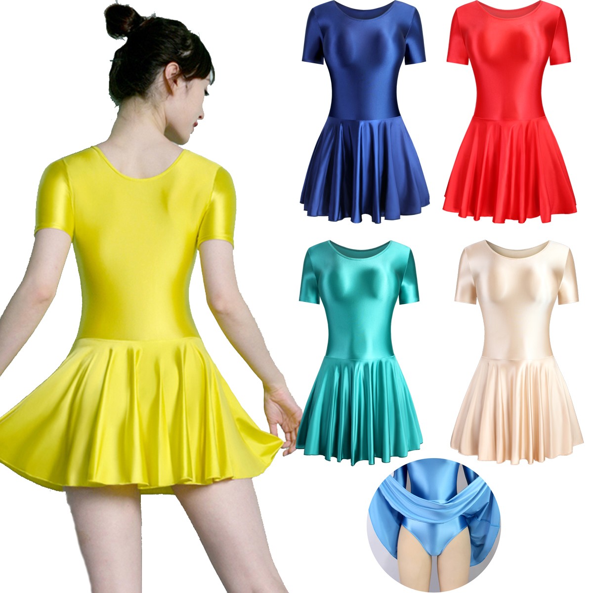 Women Glitter Spandex Elastic Yoga Dance Fitness Dress Shortsleeve Ballet Skirts