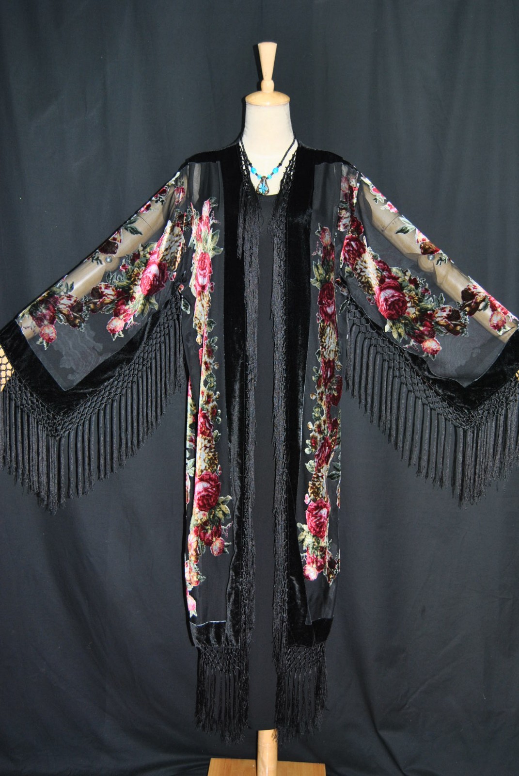 Art to Classic Eastern Flower Burnout Velvet Fringe Jacket Coat Kimono Duster