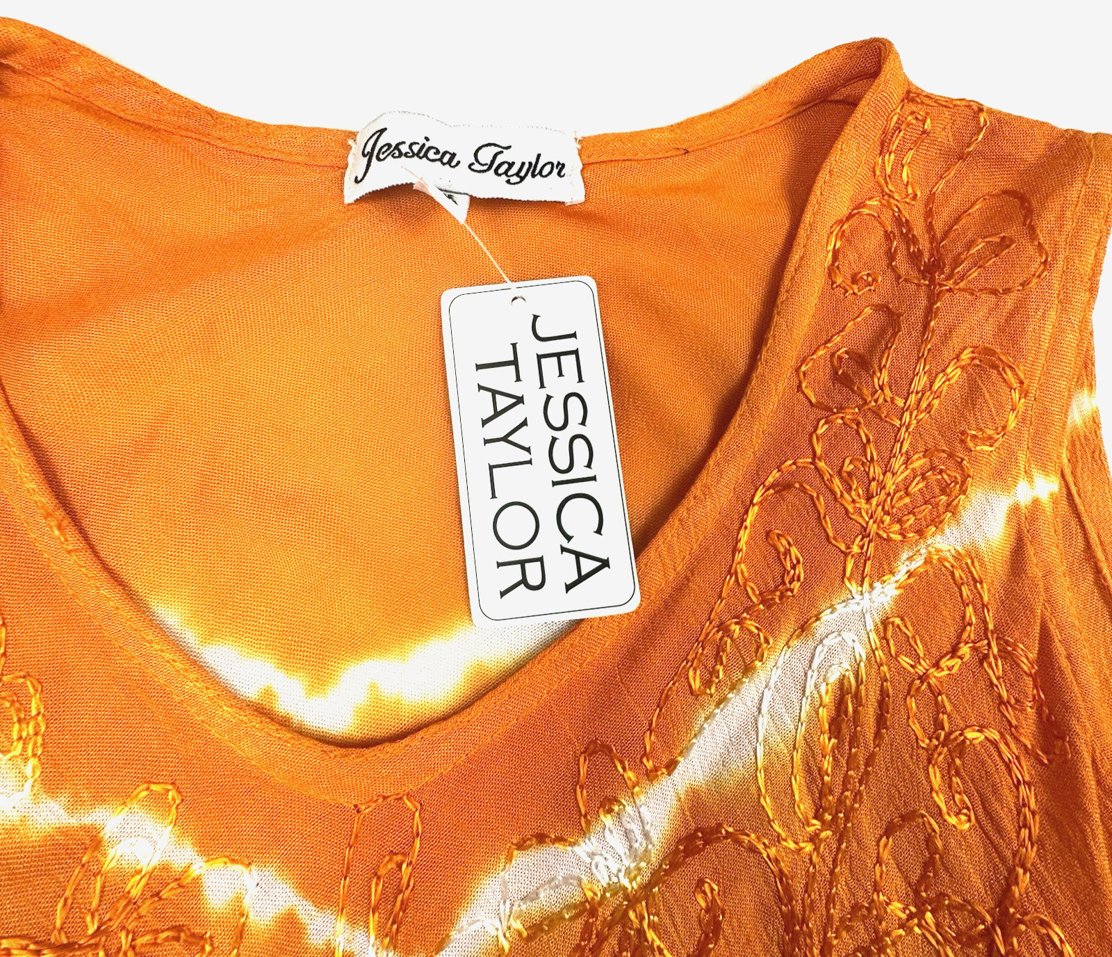 Jessica Taylor Bohemian Orange & White Tie-Dye Dress One Size Embroidered NEW