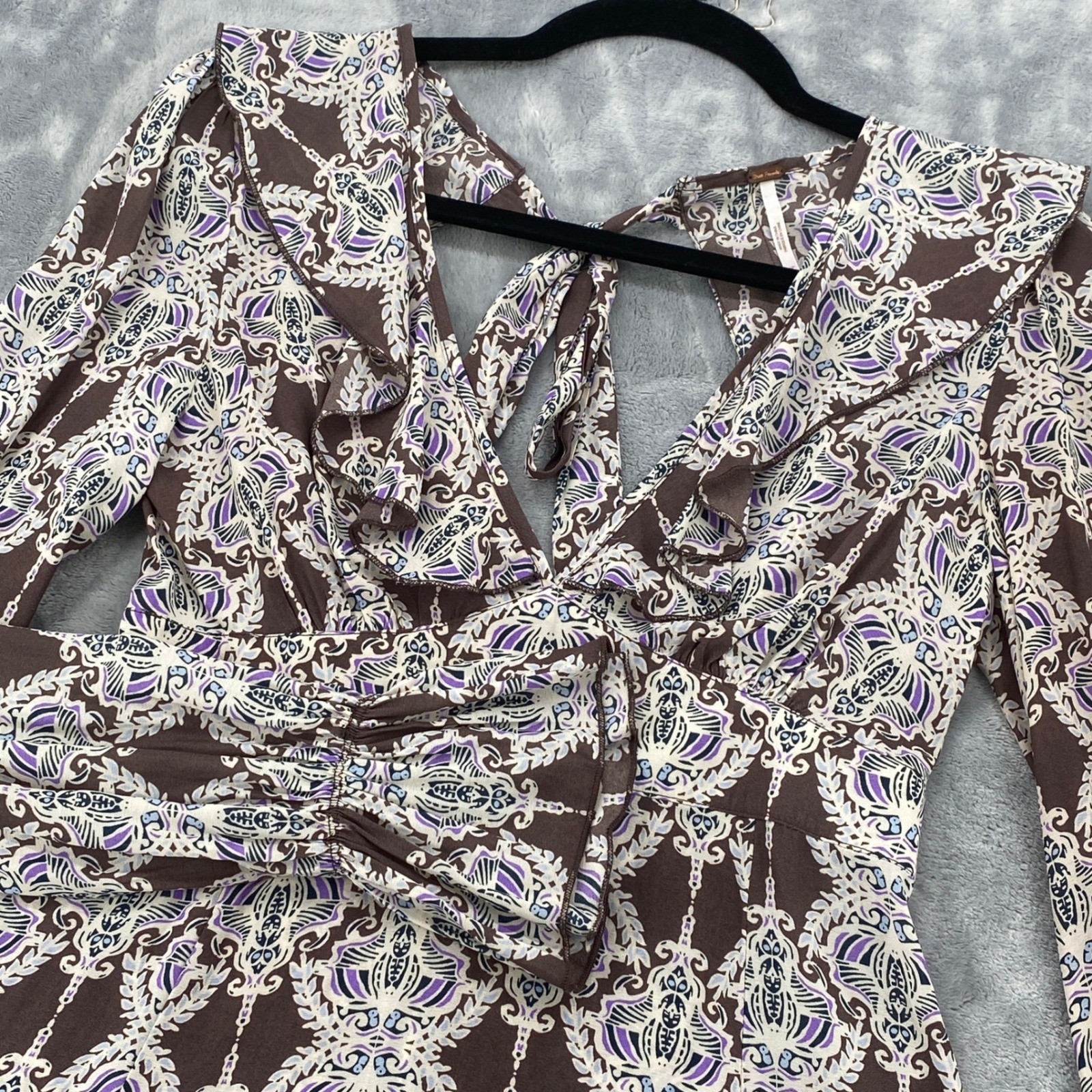 Free People Womens XS Brown Paisley Ruffle VNeck Mini Dress Open Back XS BOHO