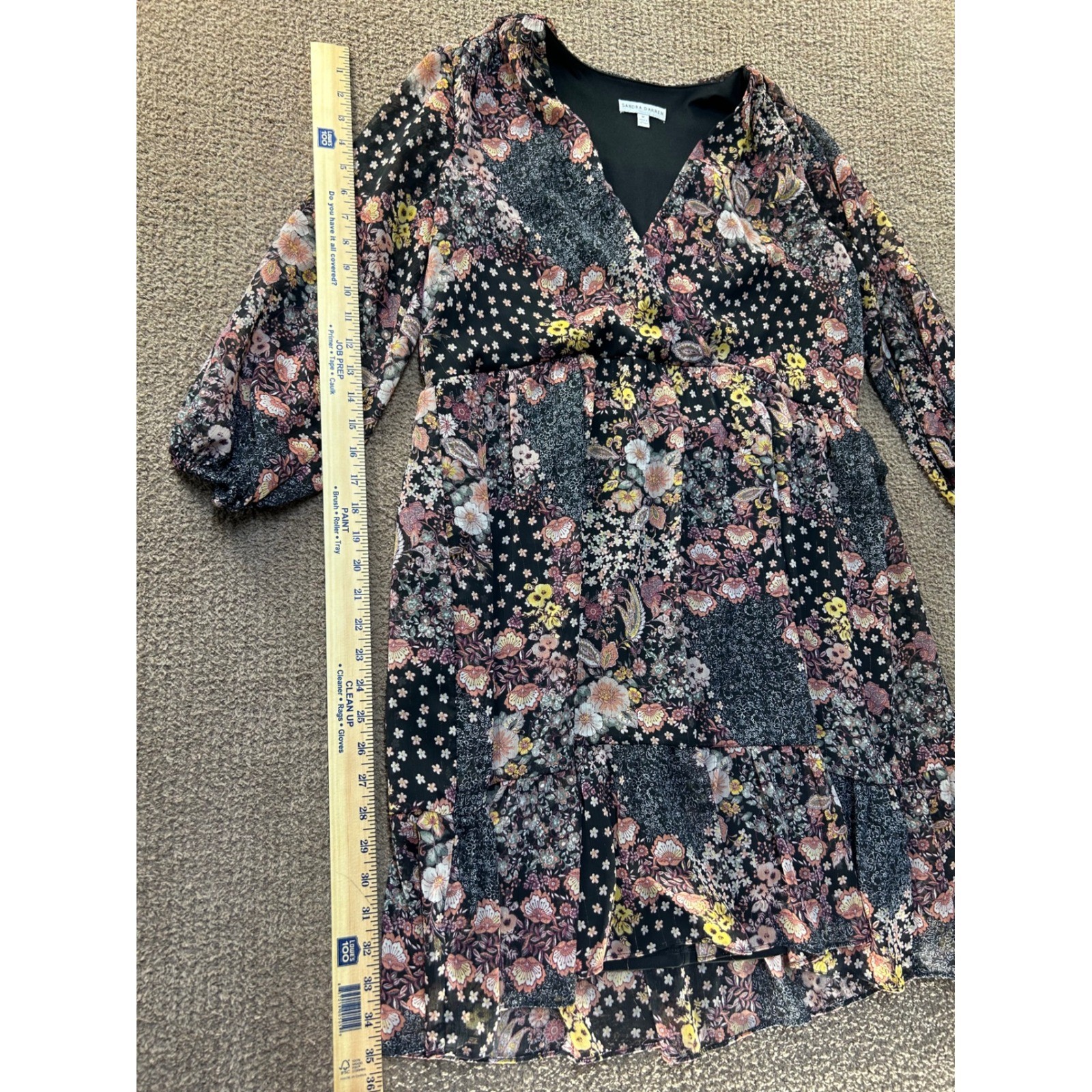 Sandra Darren Floral Patchwork Faux Wrap Tiered Chiffon Dress Black Multi M