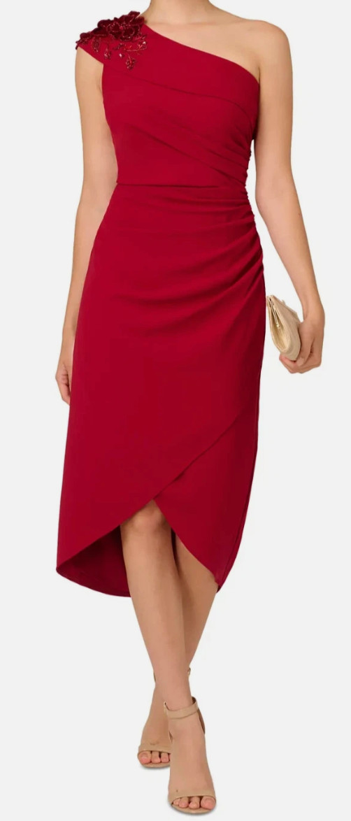 Adrianna Papell Petite Beaded-Shoulder Ruched- Cranberry Size 12P $249
