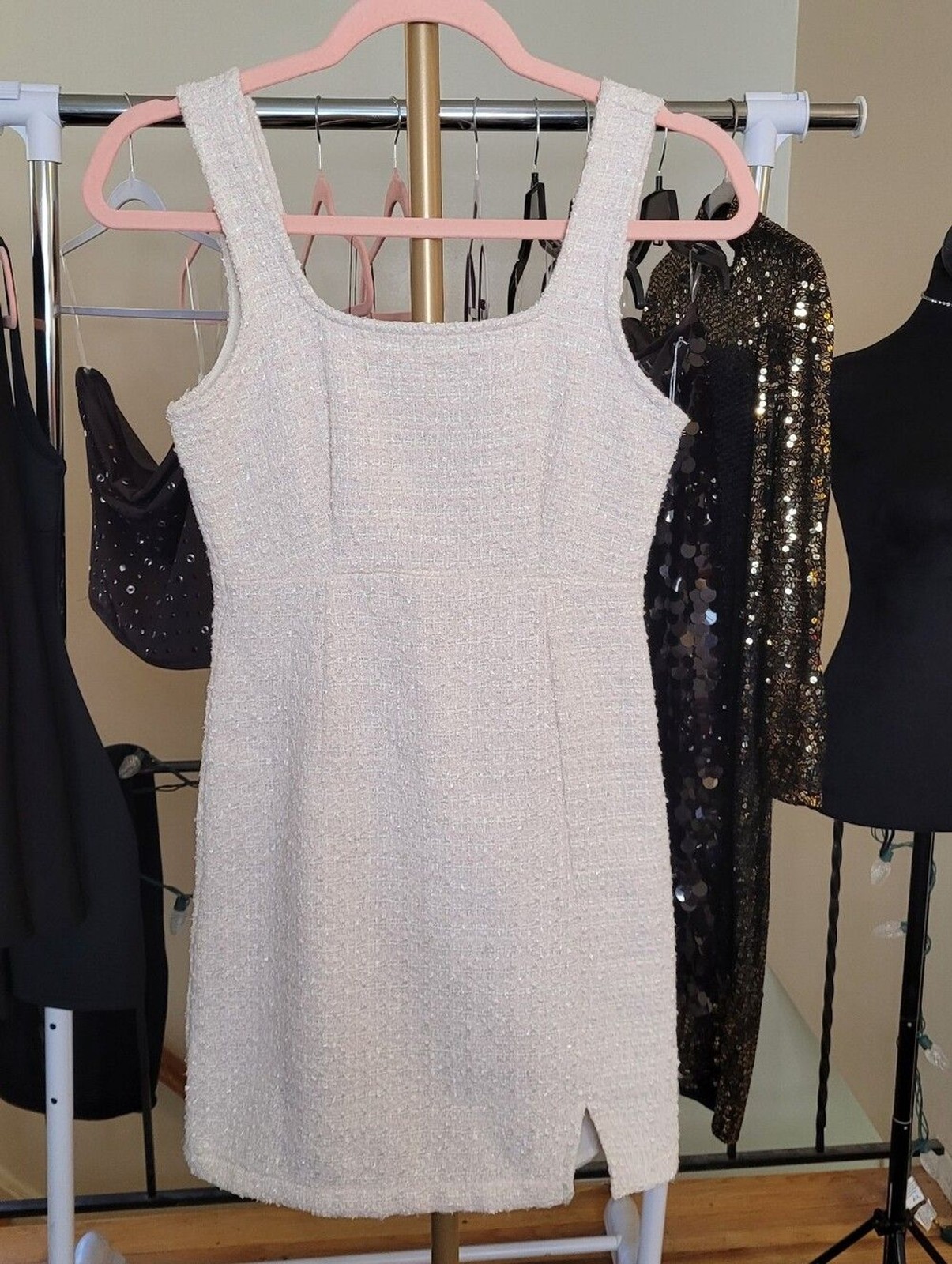 Thirty Thirty LA Classic Pink & Cream Tweed Sleeveless Mini Dress Size XL NWT
