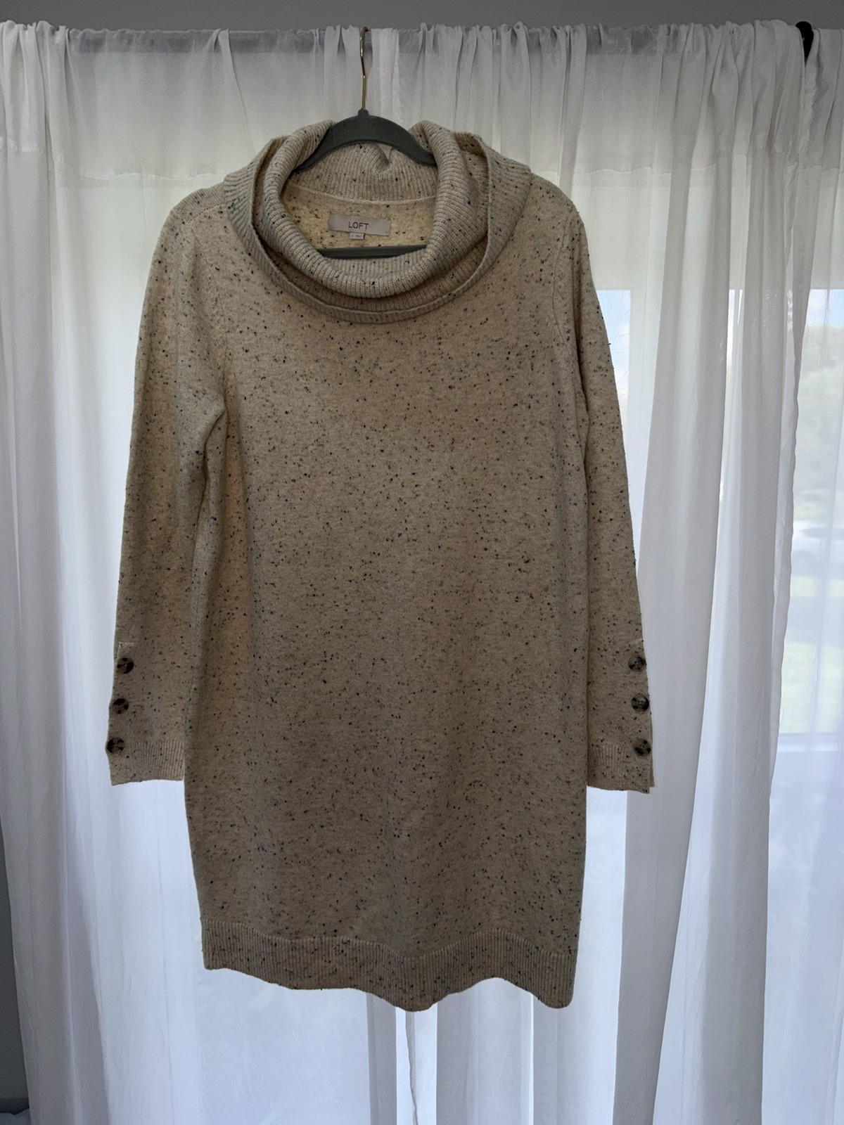 LOFT Sweater Dress Large Oatmeal Speckled Cowl Neck Long Sleeve Knit