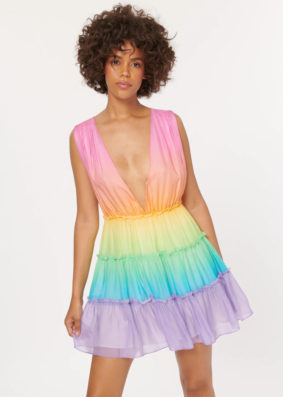 Cami NYC ‘Egle’ Rainbow Ombre Silk Sleeveless Tiered A-Line Ruffle Mini Dress, S