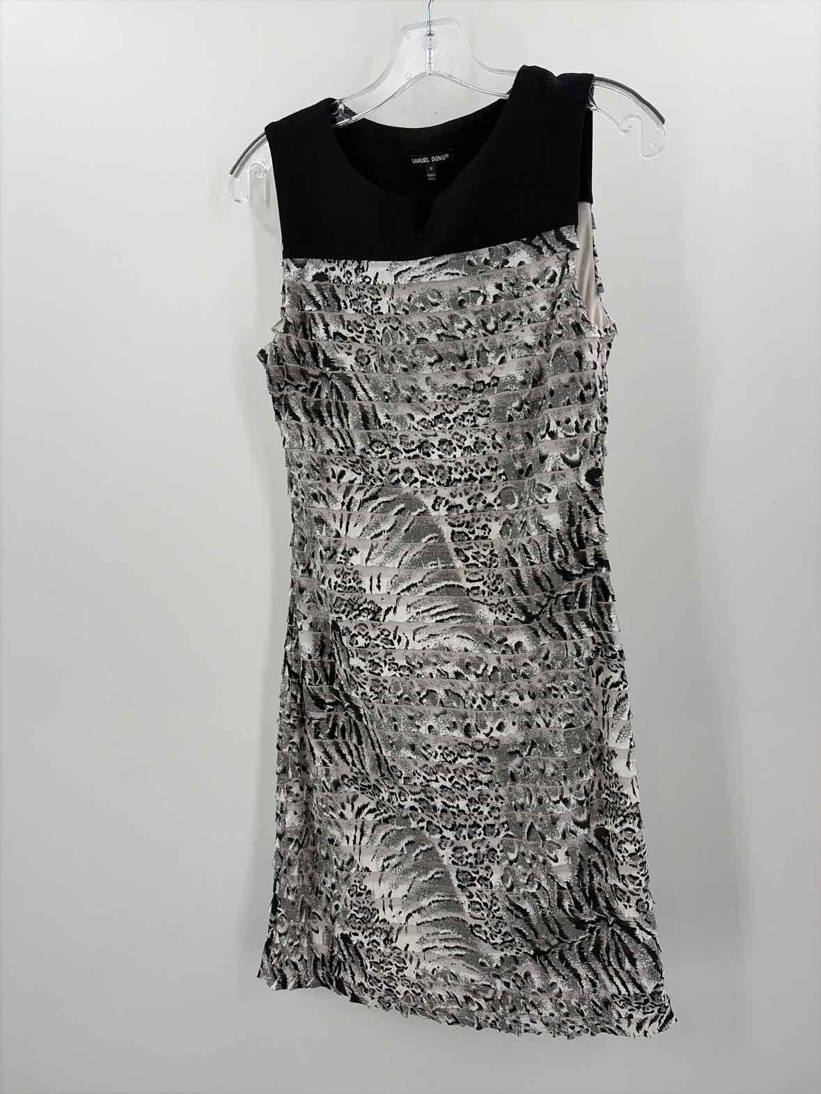 Samuel Dong Black Size Medium Animal Print Layered Knee Length Sleeveless Dress