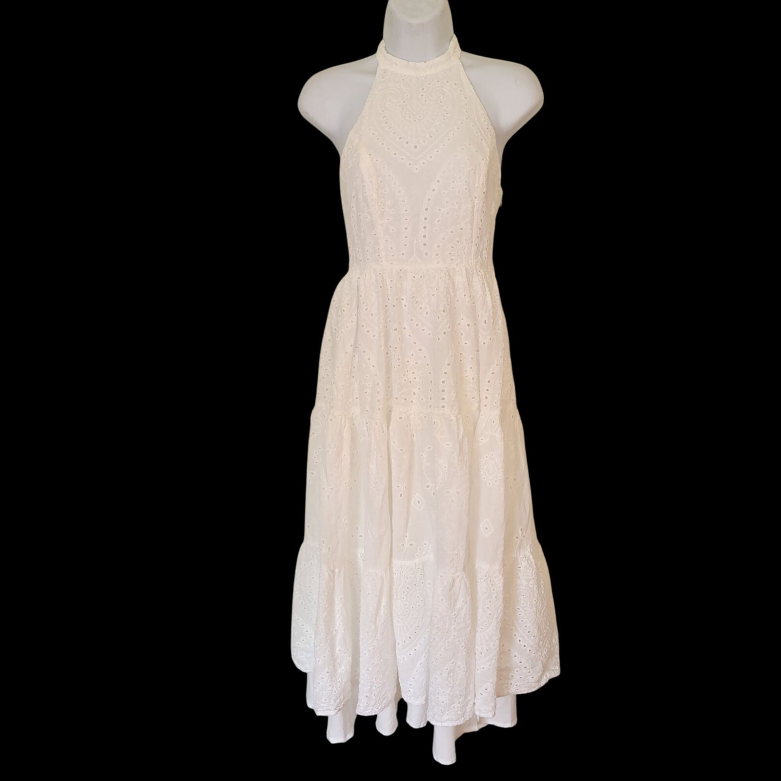 Lulus S White Eyelet Halter Maxi Dress Smocked Back Tie Closure Cotton