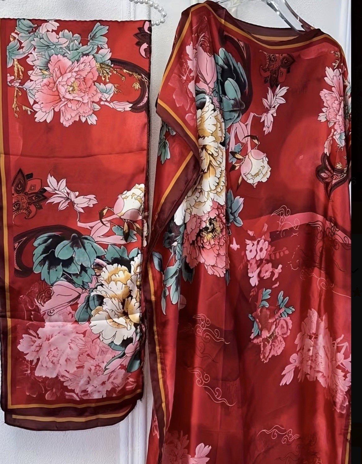 Red/Pink/Green Floral Round Neck Long Sleeve Long Kaftan Dress One Size