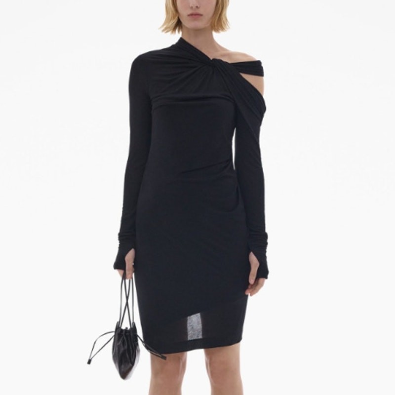 HELMUT LANG Asymmetric Mini Dress NWT Black Twisted Long Sleeve Women’s M