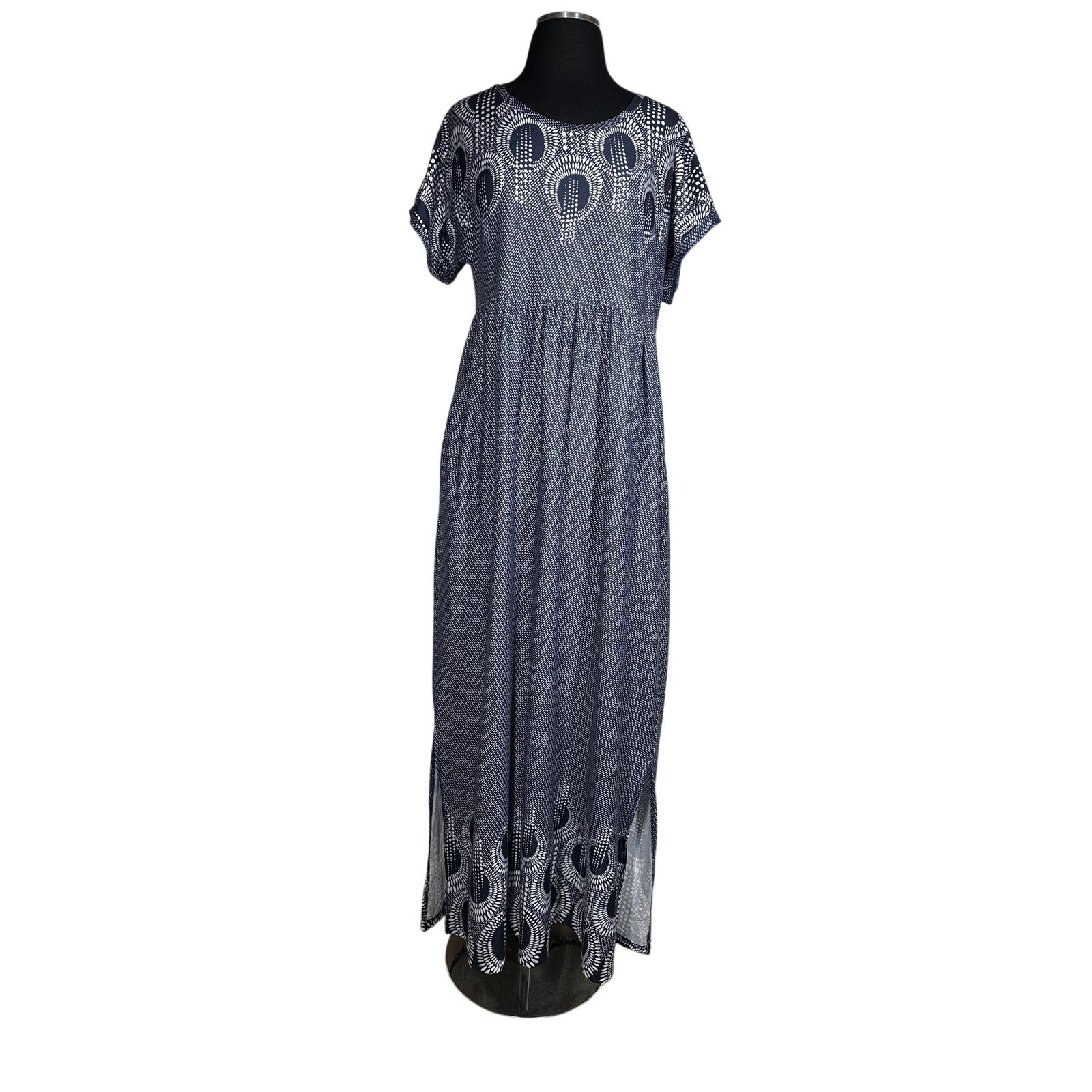 Suzanne Betro Jersey Knit Maxi Dress Pockets All Over Circular Design XL Summer