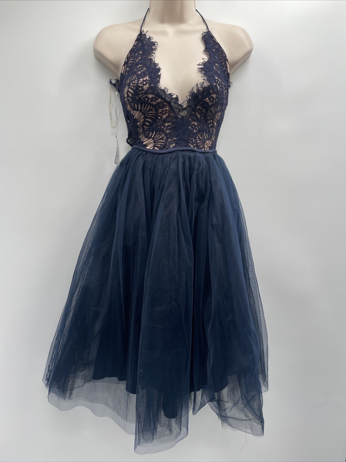 Rare London V Neck Cami Strap Navy Blue Dress W/ Cup Detail & Tulle Skirt Size 4
