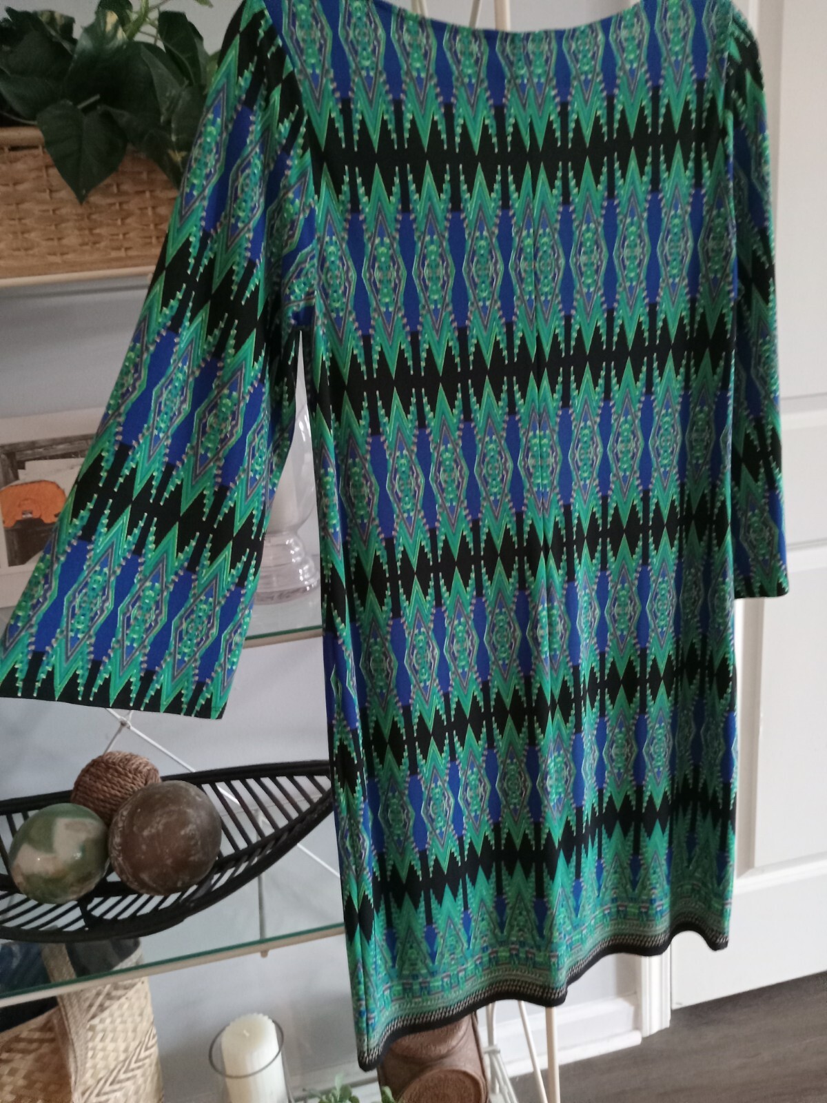 Laundry by Design Geometric Ikat Shift Dress Blue Green Sz 8 Mod Resort Vacation