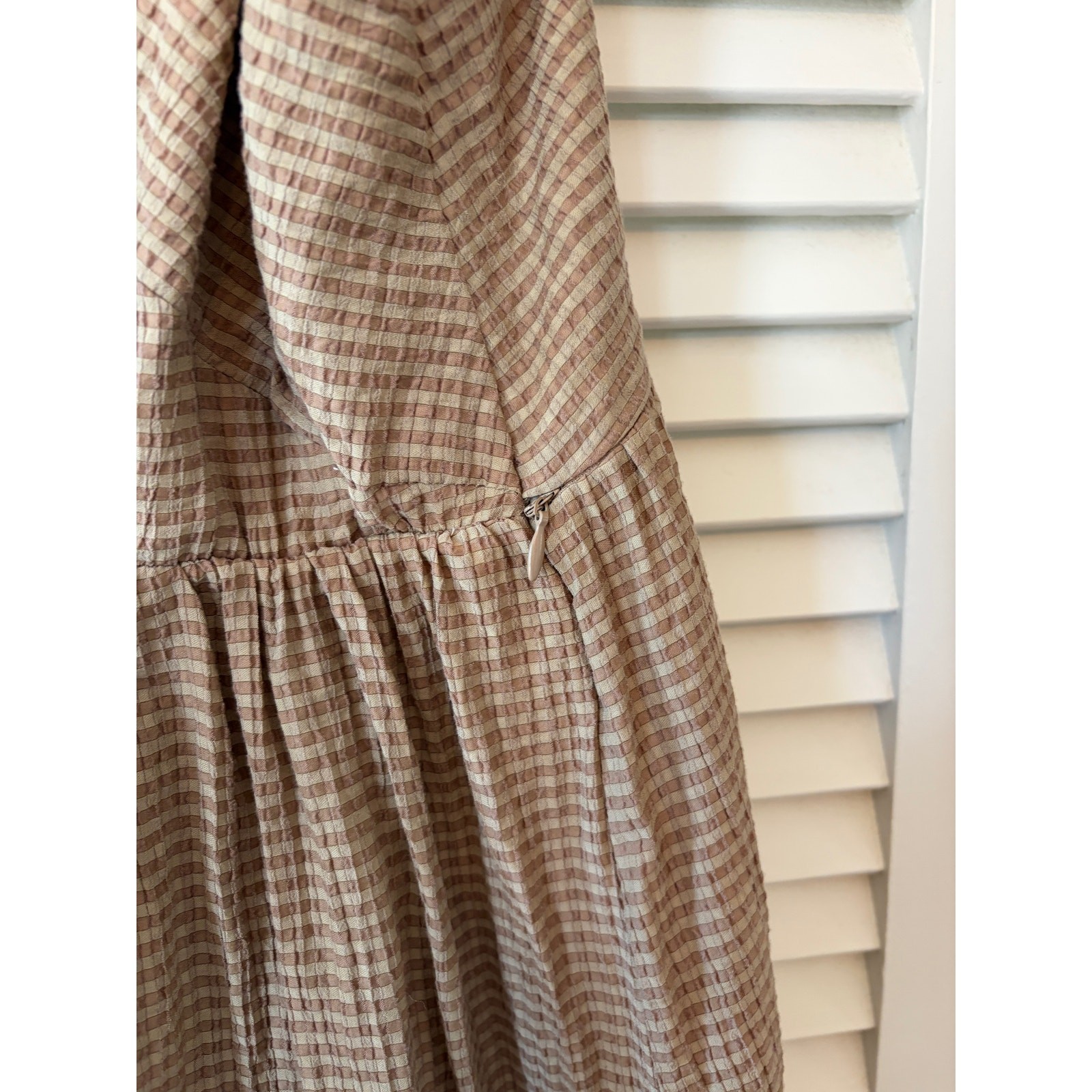 Apero Mallorca nursing dress medium gingham brown cream tan v-neck bow