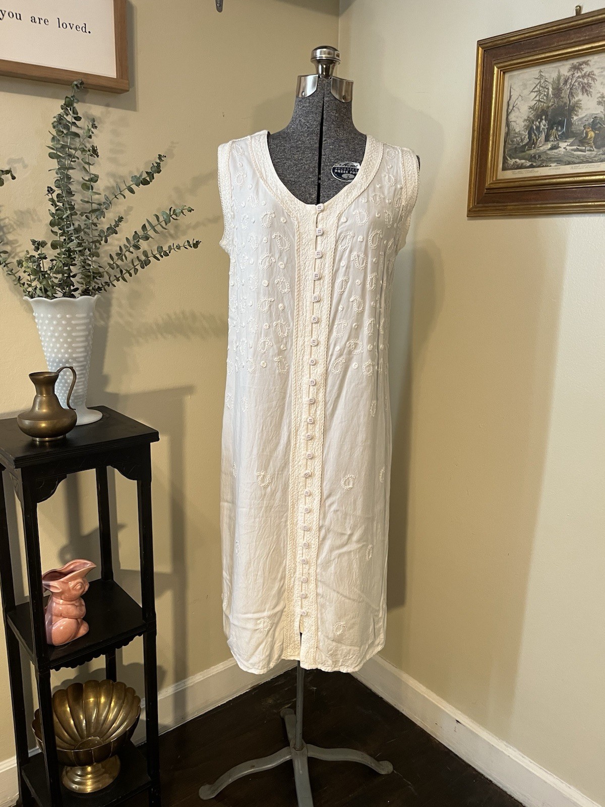 Vintage 90s Celine White Embroidered Midi Summer Dress Button Front Large Beach