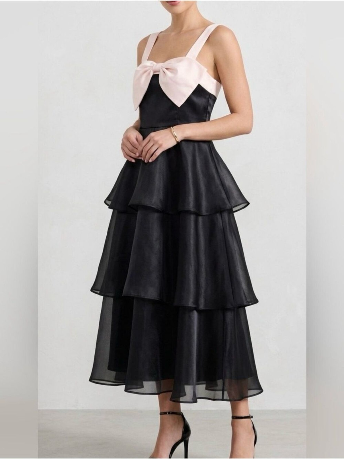 Lulus Black Cream Organza Tiered Midi Dress Satin Bow Formal Prom Gown Sz S NWT
