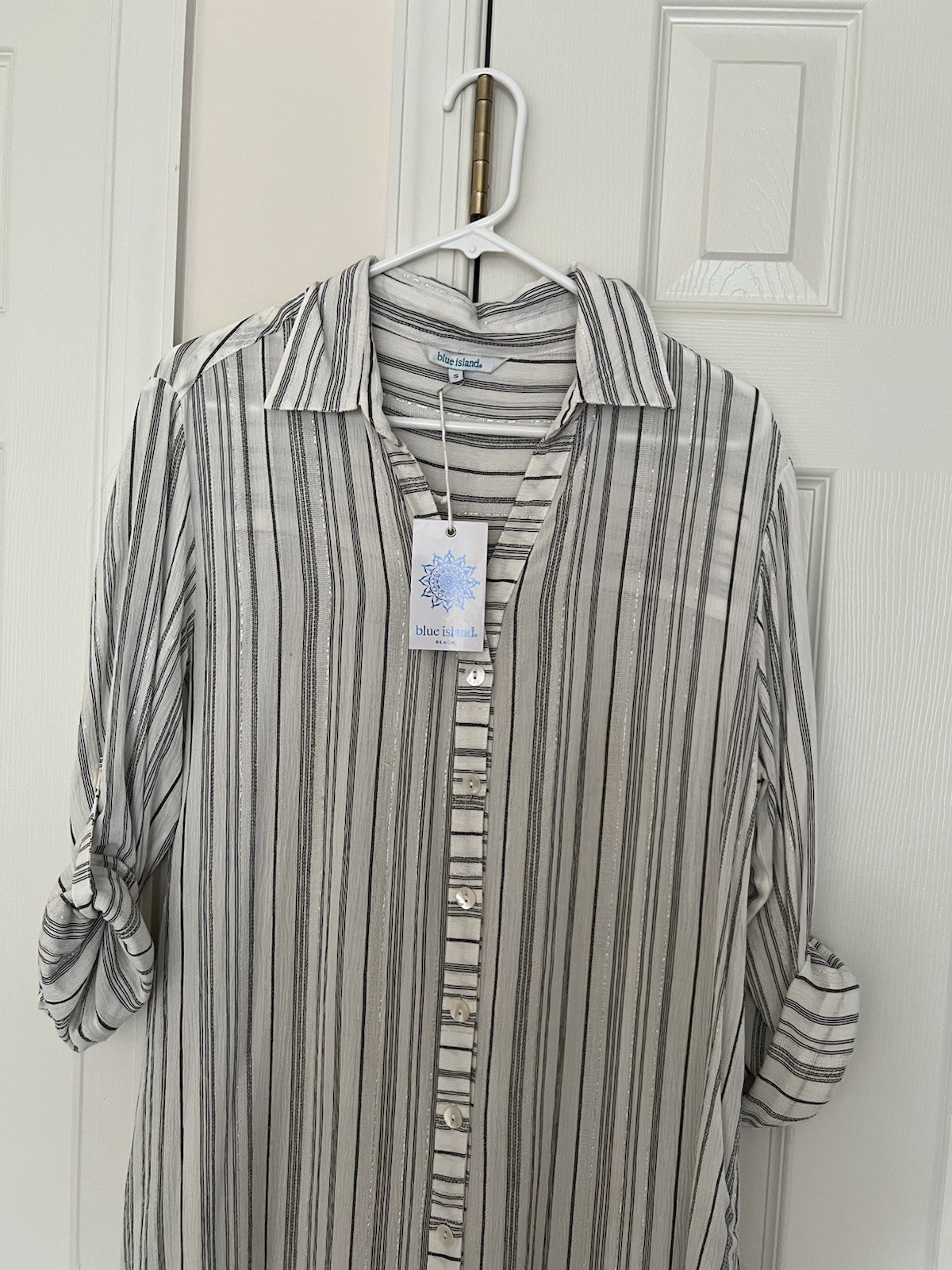 Blue Island with silvery black and White Striped Long Roll Tab Shirt Dress