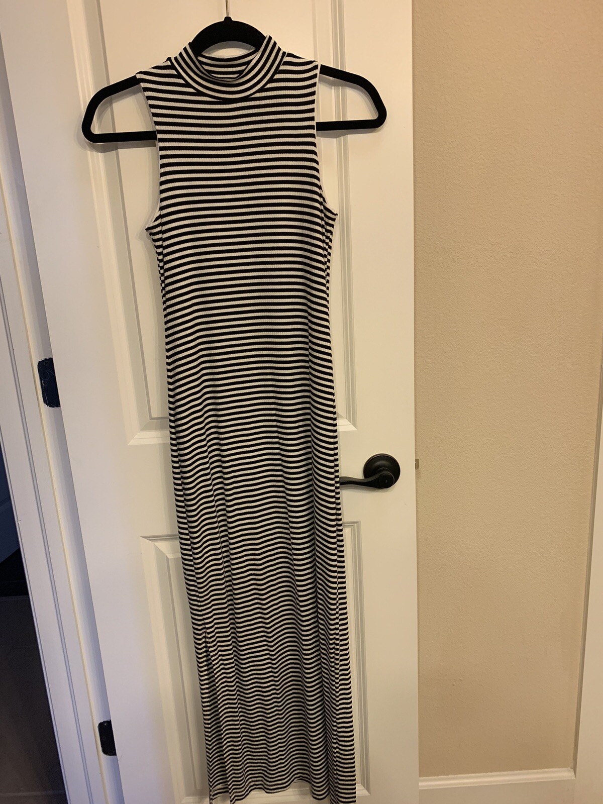 Velvet Torch Black White Striped Maxi Dress Size XS Lined Mock Neck Side Slit
