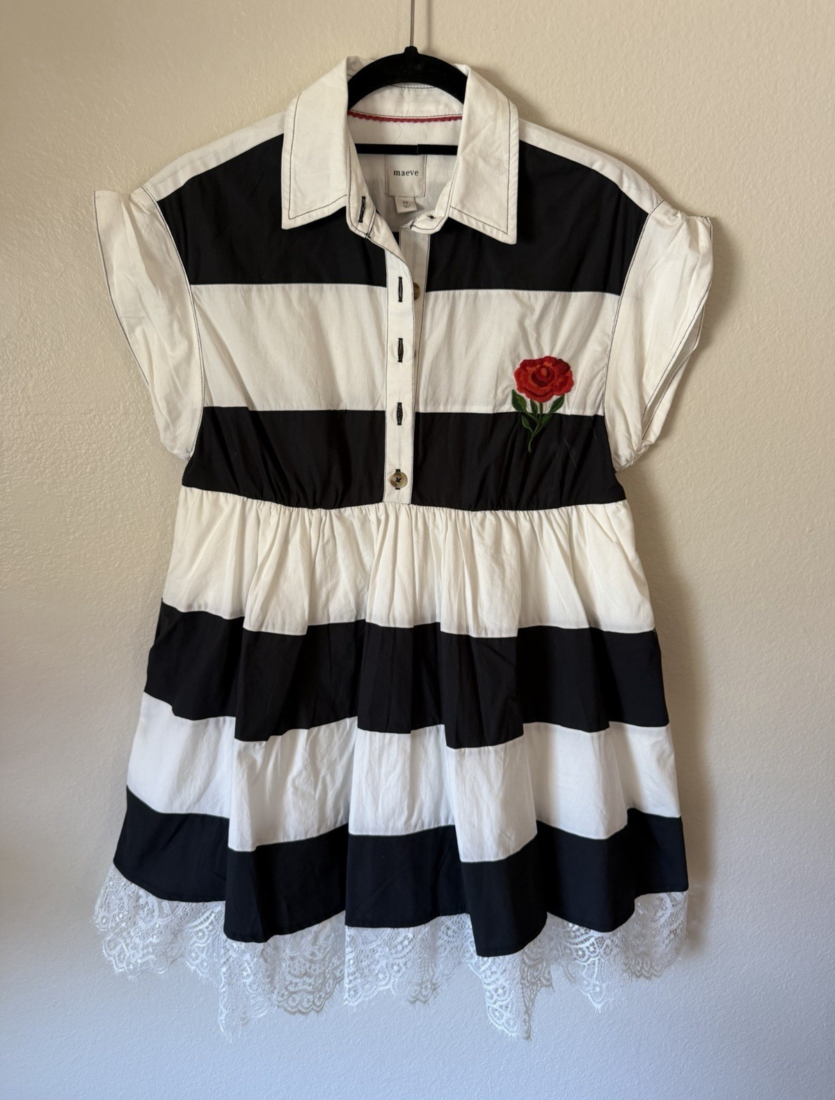 Maeve XS Striped Shirt Dress Black/White Collared Button-Front Lace Hem