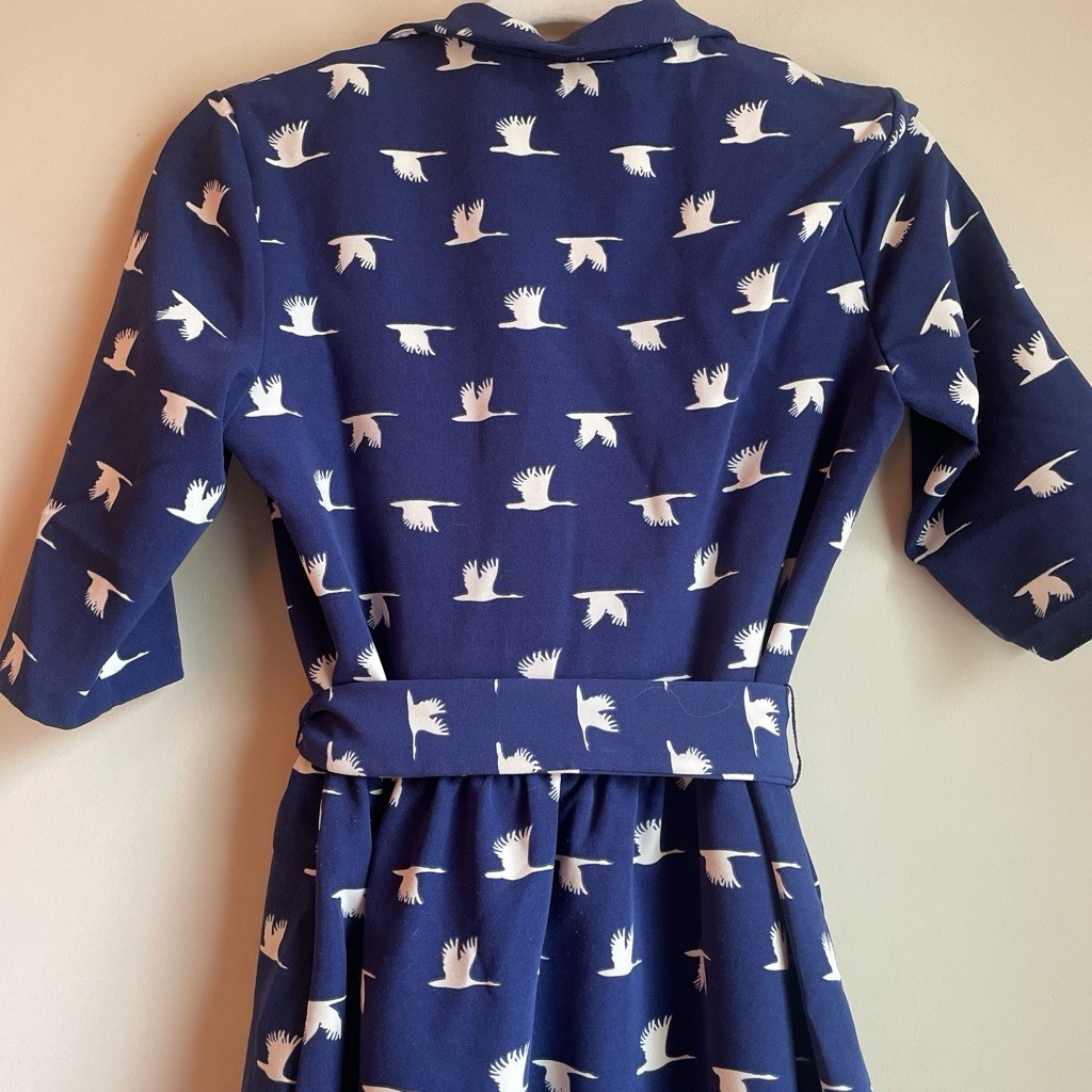Fever London Blue White Bird Print Collared Retro Belted Midi Shirt Dress 6