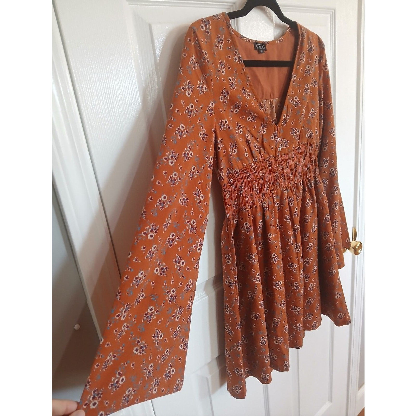 Lira Rust Ditzy Floral Long-Sleeve Smocked Waist Mini Dress Cottage Boho Fairy