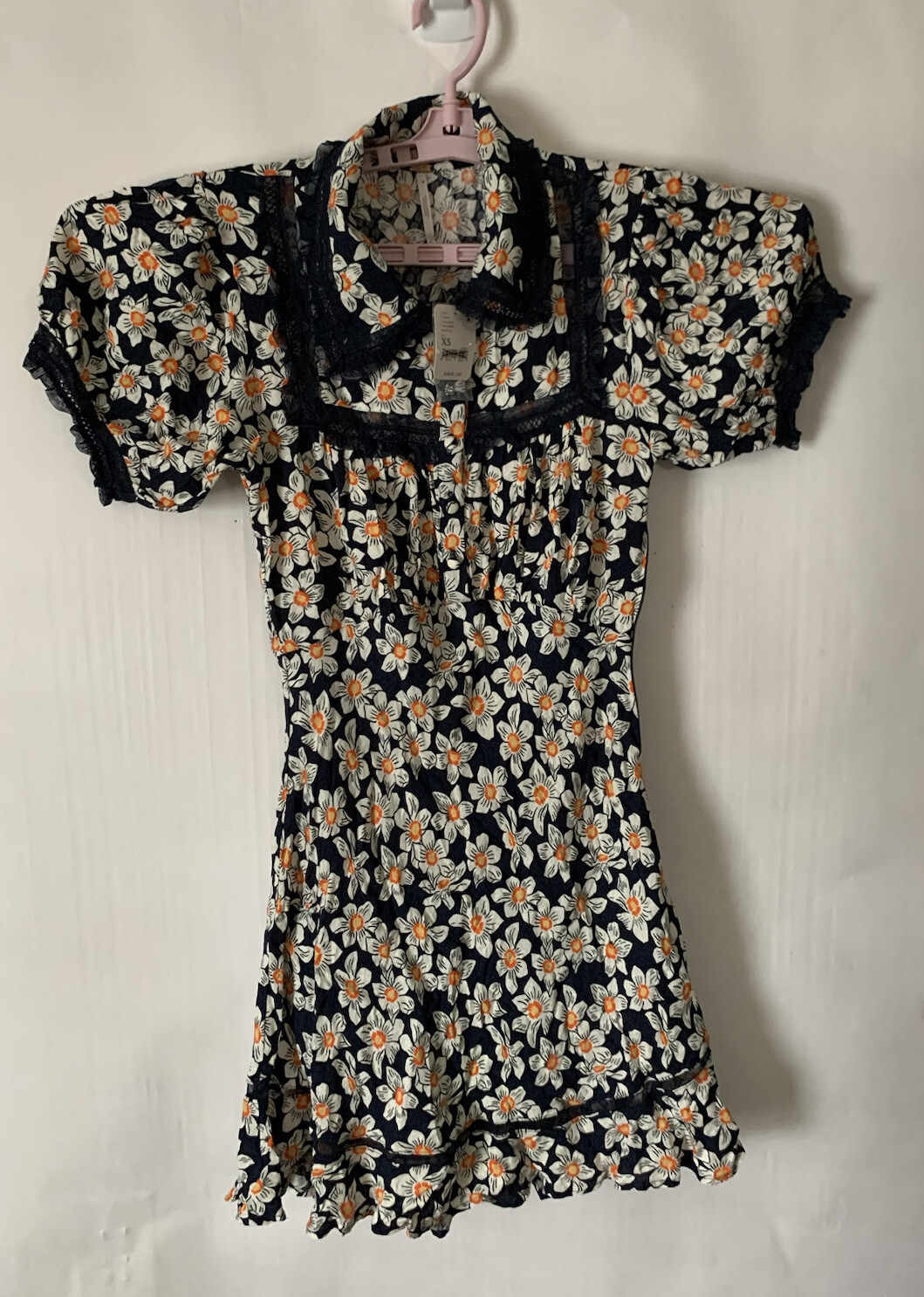 NWT Free People Blue Daisy Print Mini Dress Lace Trim Size XS MSRP $128