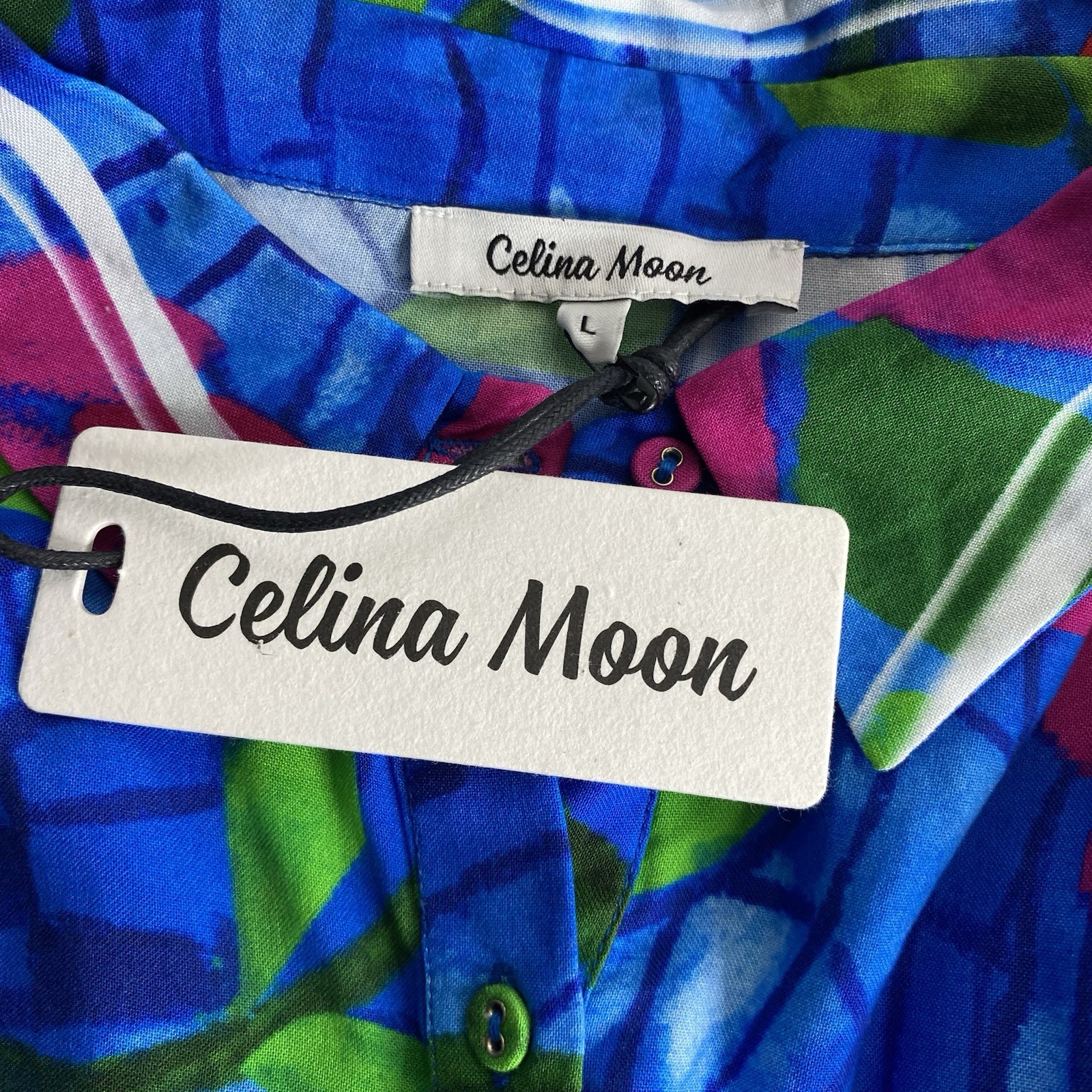 Celina Moon Blue Floral Button Front Midi Dress Pocket Long Sleeve Sz Large