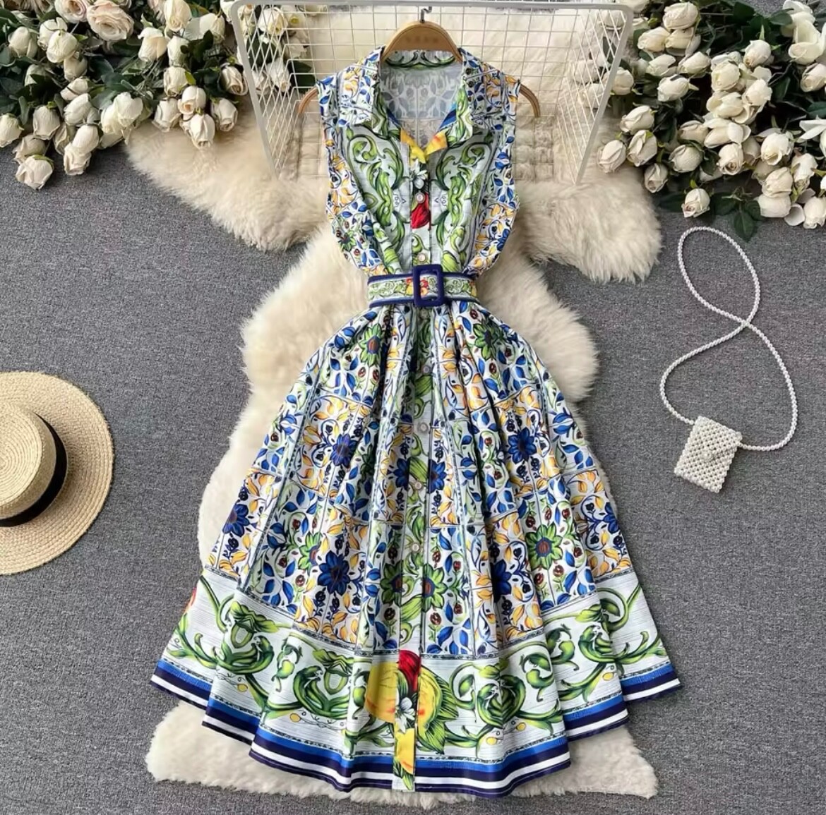Floral Sleeveless Bohemian A-line Dress, Sicilian Holiday Beach Dress