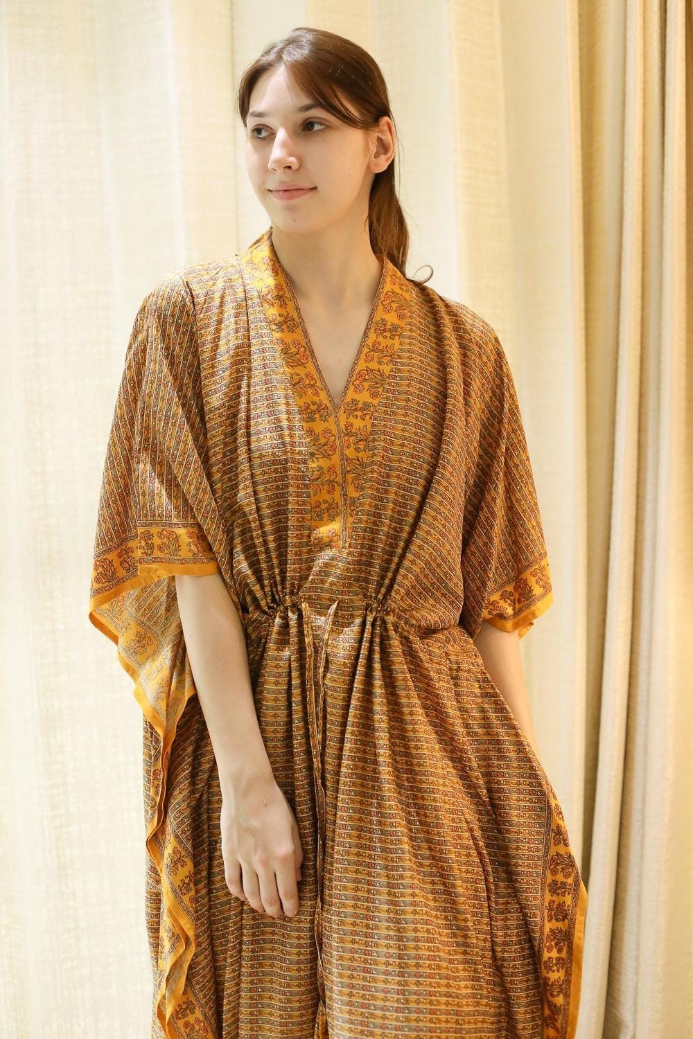 Silk Yellow Kaftan / Handmade Flowy Maxi Dress / Resort Wear Outfit PS MFN1006