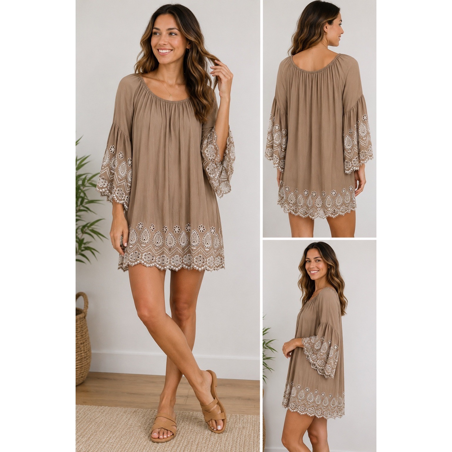 Sweet Magnolia Women Tan Eyelet Embroidered Bell Sleeve Boho Tunic Top Size M