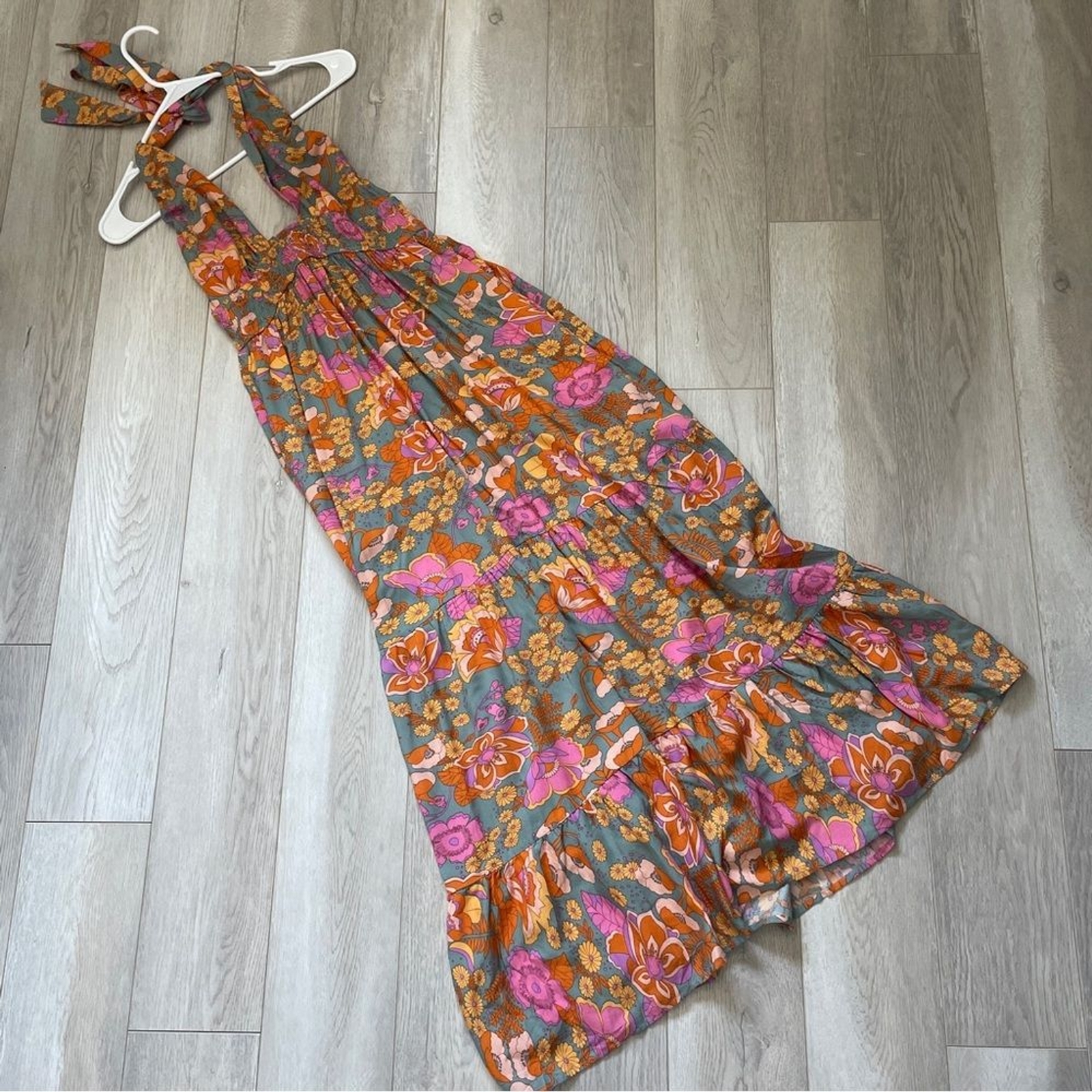 Floral Bohemian Dress retro halter tiered maxi Orange Gray (small) party summer