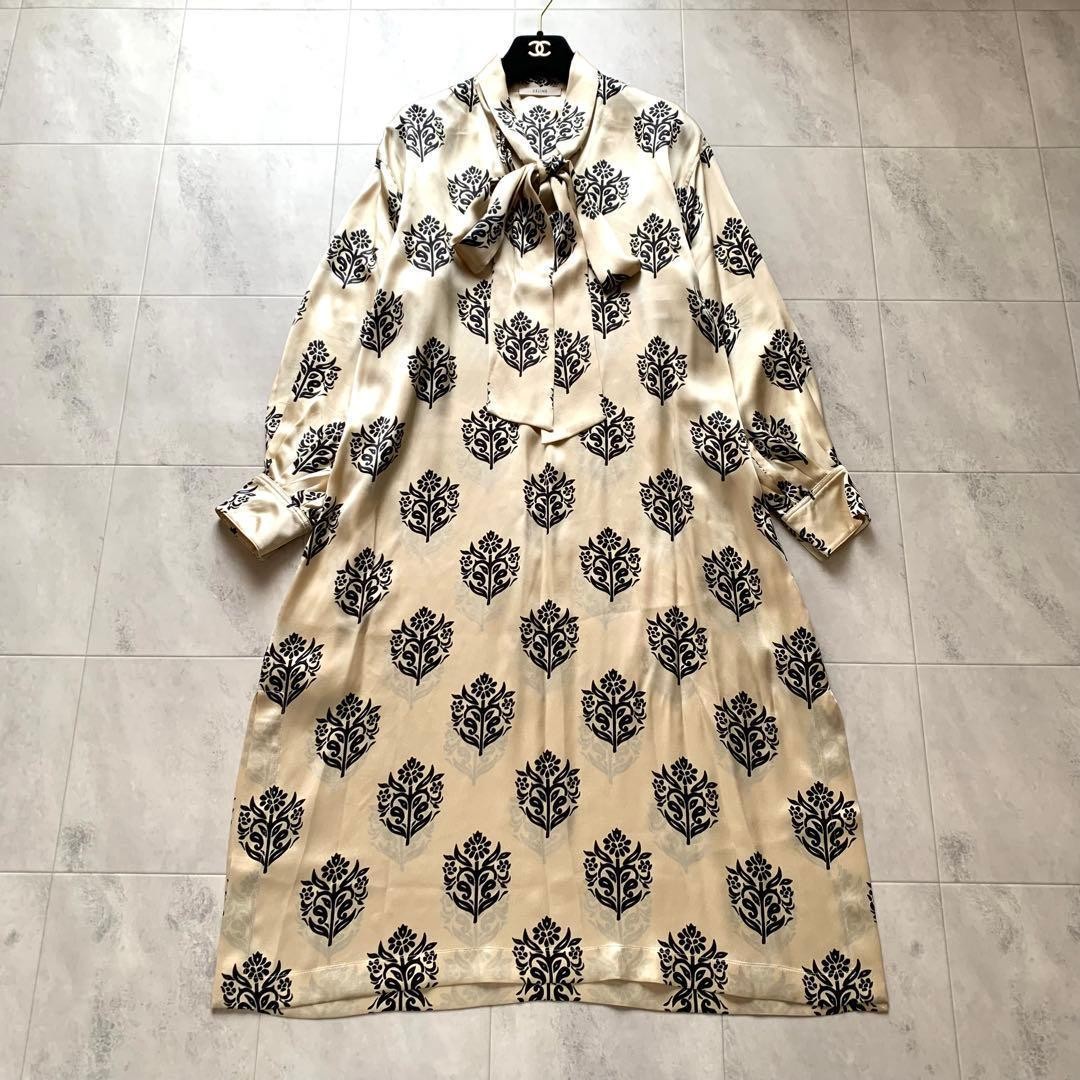 CELINE Phoebe Philo Floral Silk Bow-Tie Dress Ivory Cream Black FR 36 Archive