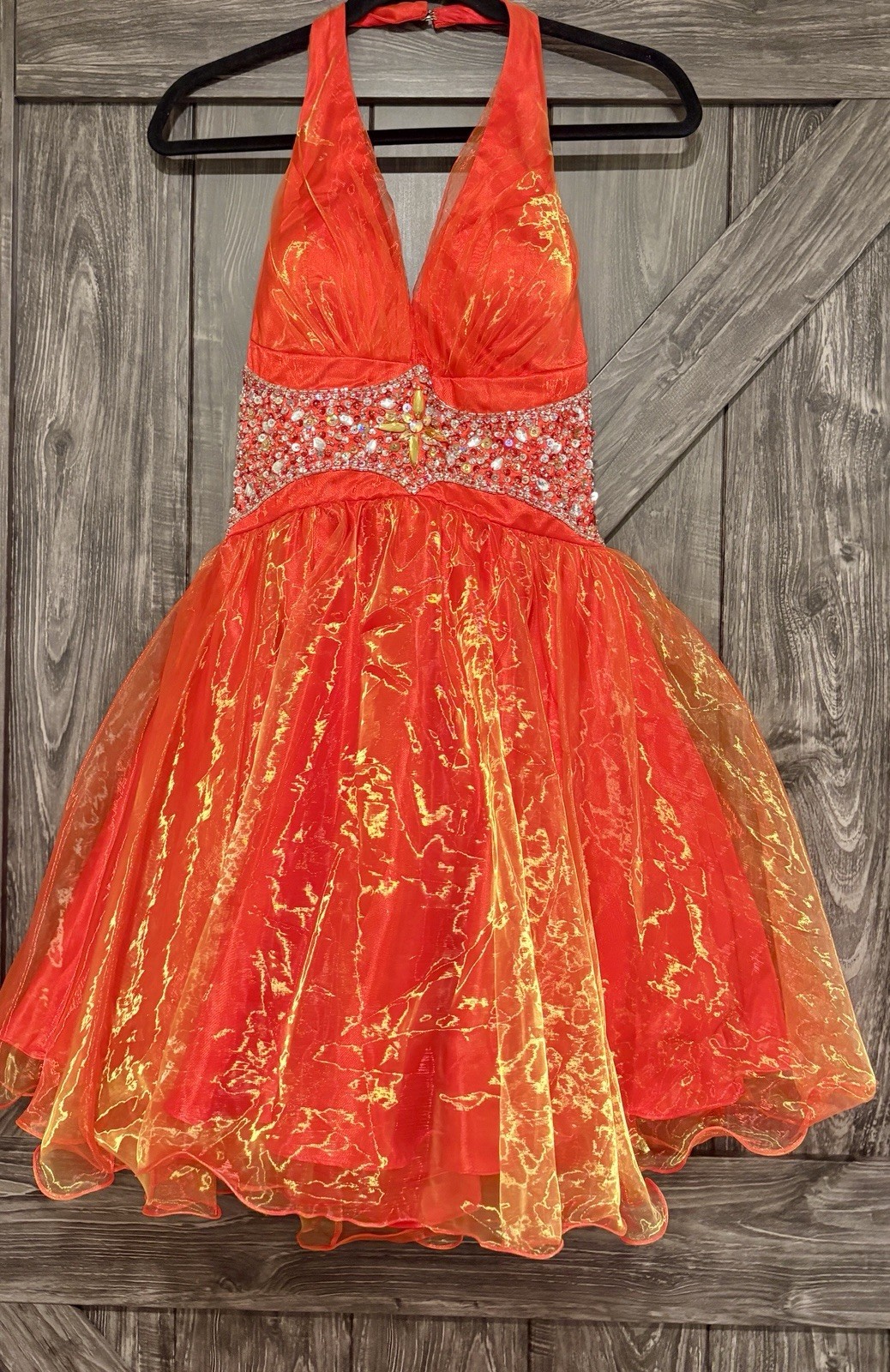 Hannah S Organza Cocktail Dress Fit & Flare Beaded Sz 8 Back Zip Halter