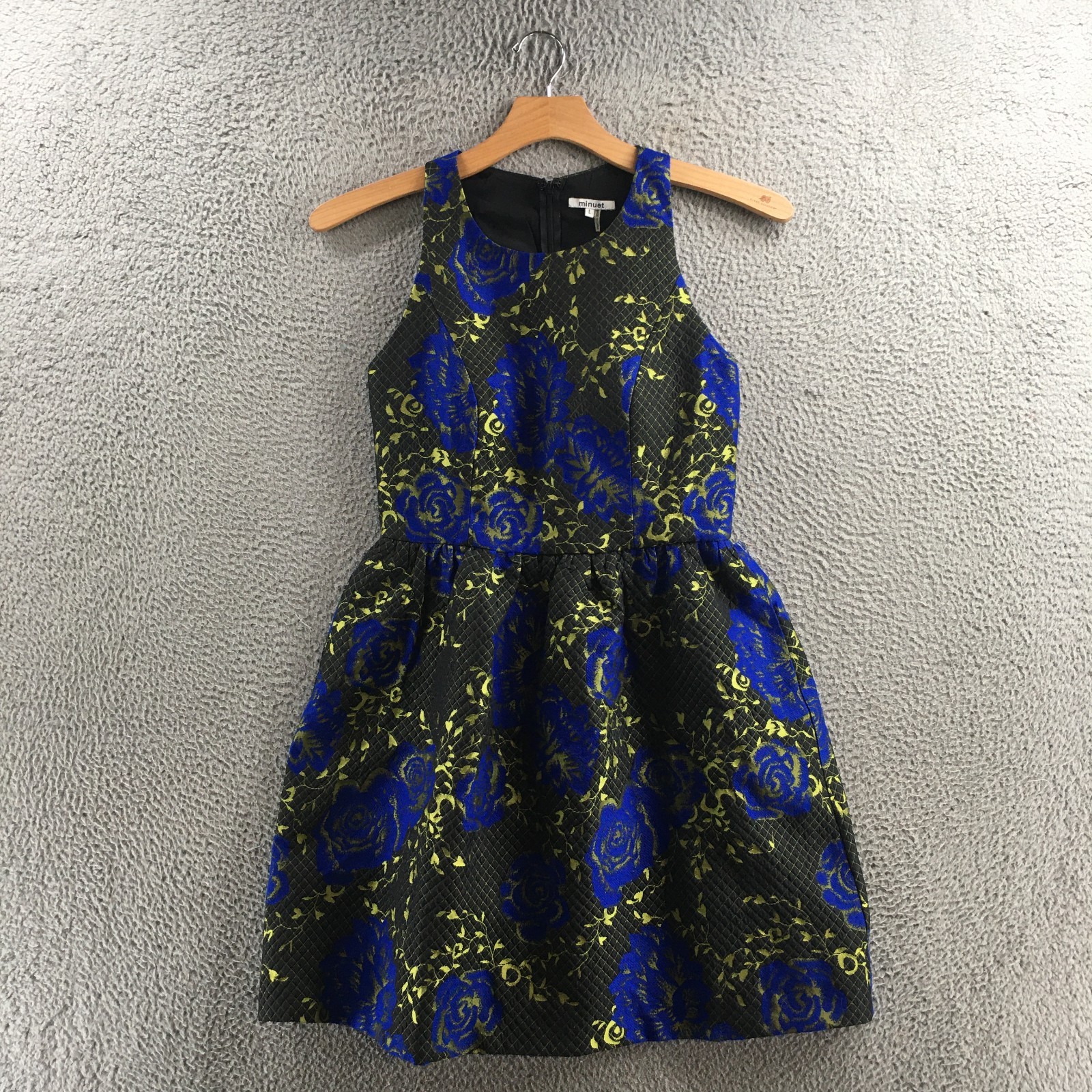 Minuet Fit & Flared Mini Dress Womens L Blue Polyester Sleeveless Quilted Casual