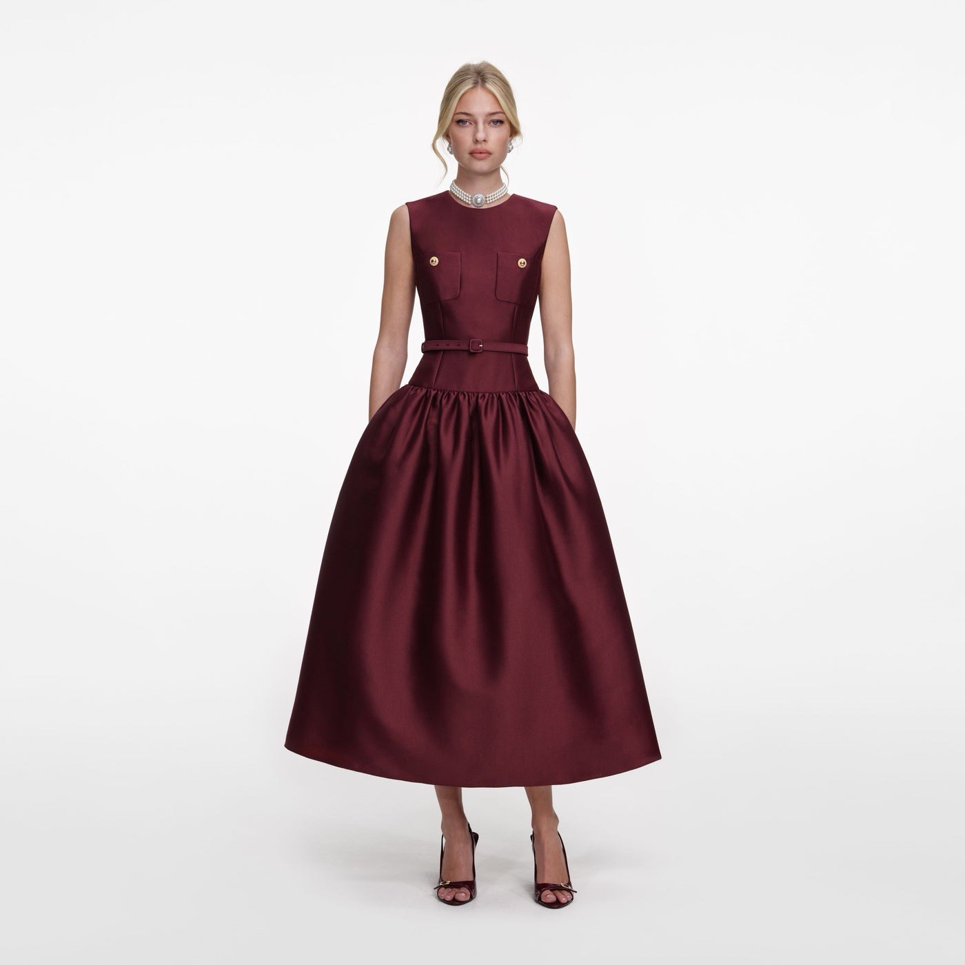 Self portrait BURGUNDY TAFFETA MIDI DRESS $735 NWT US 4 UK 8