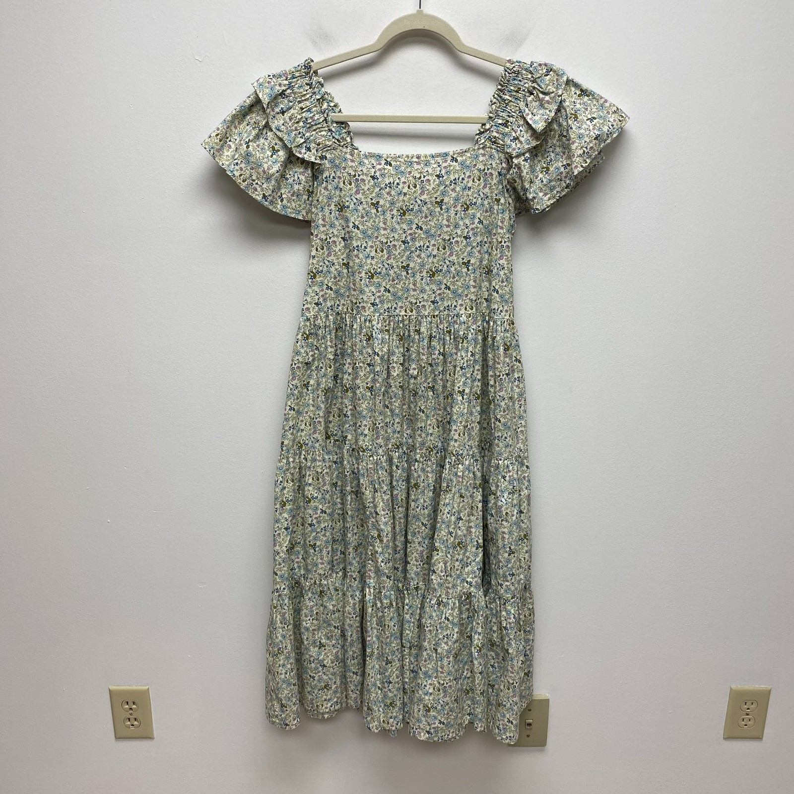Mable Womens Beige Ditsy Floral Square Neck Ruffle Sleeve Tiered Midi Sundress S