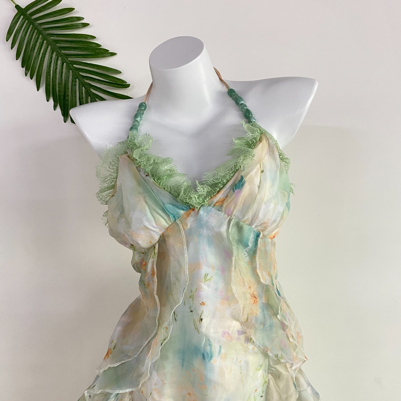 Pastel Watercolor Floral Ruffled Halter Midi Dress