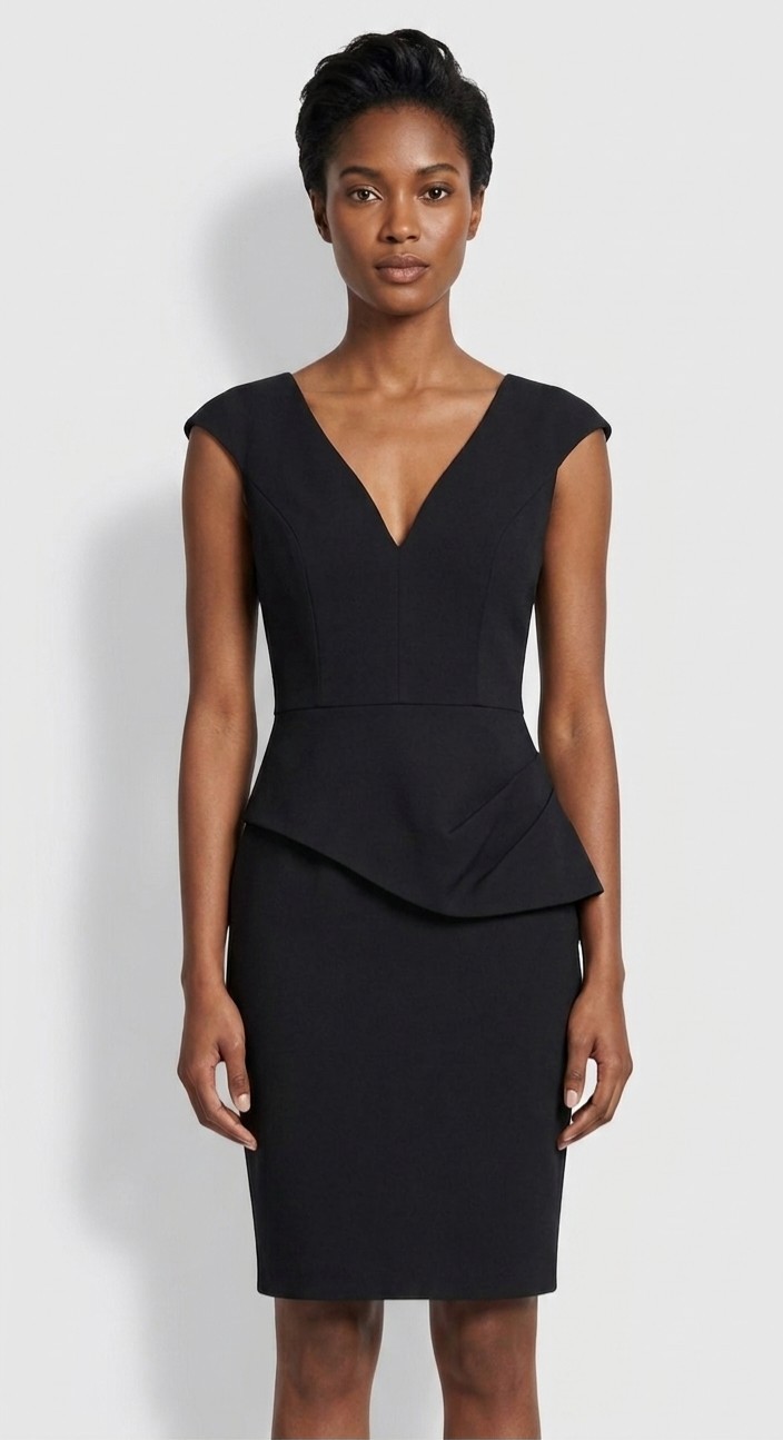 NWT Black Halo Dame in Black Peplum Side V-neck Tailored Stretch Sheath Dress 6