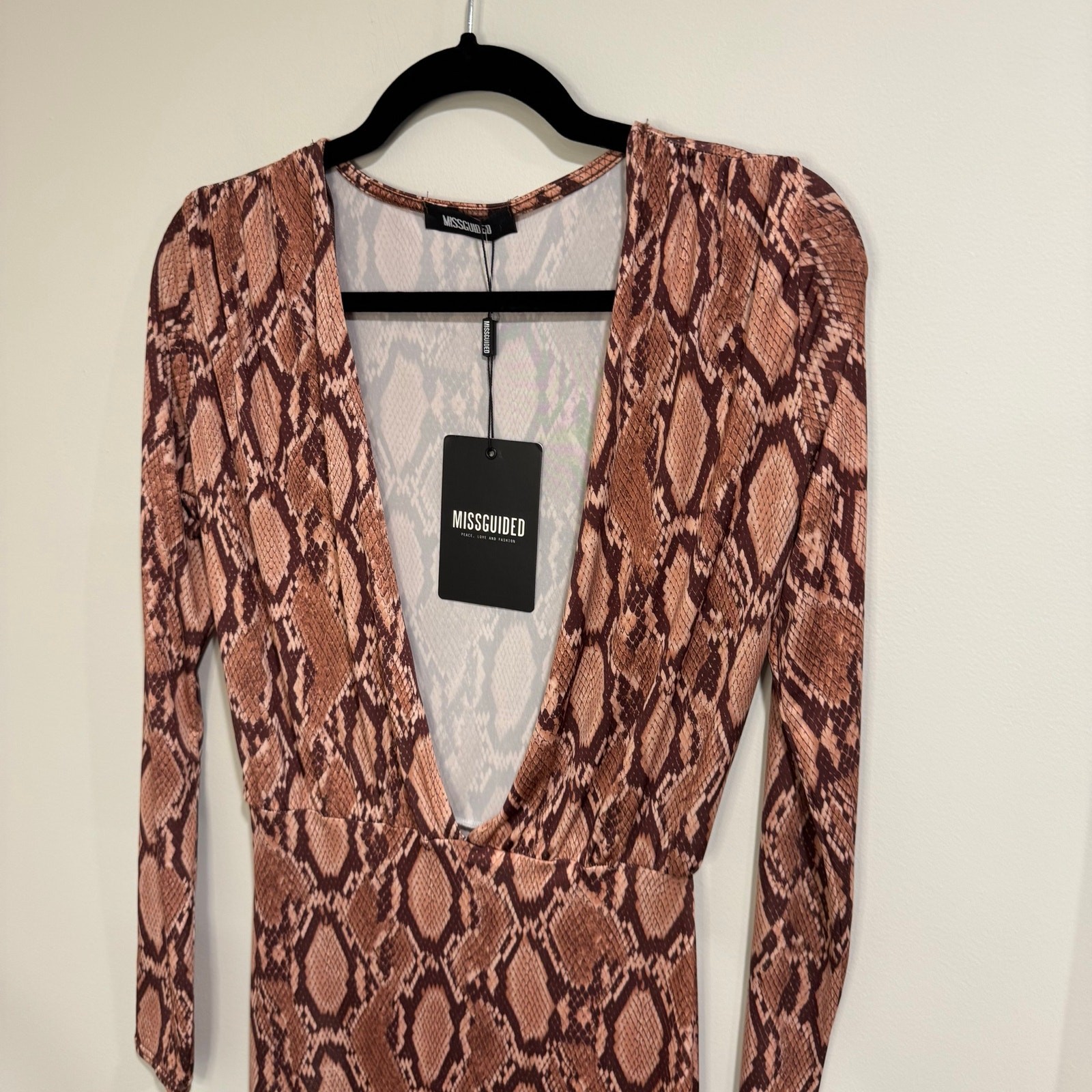 Missguided Pink Brown Deep V Neck Snake Skin Long Sleeve Dress Size 4 Small