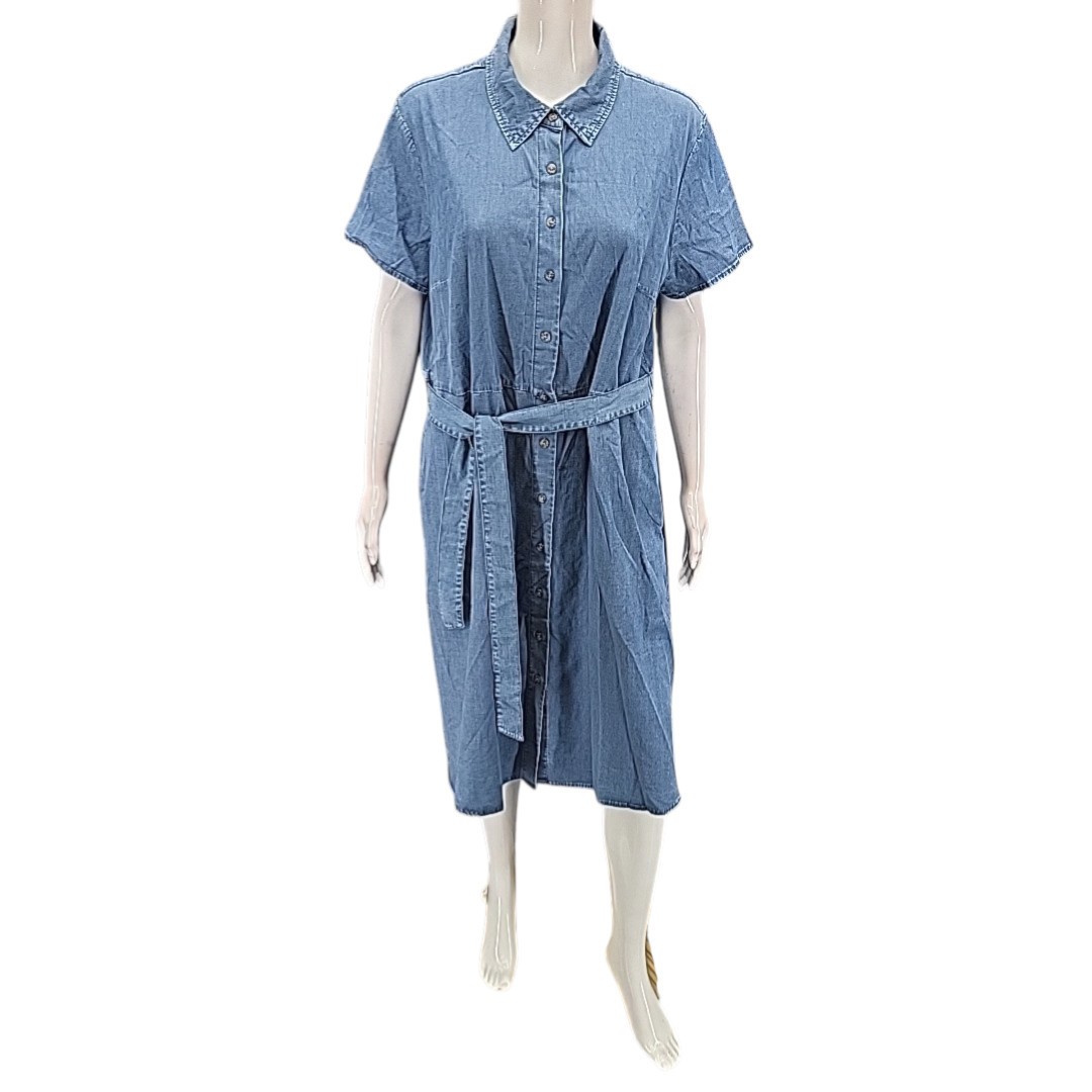 Denim Co Women’s Lyocell Swing Belted Shirt Dress with Pockets Large Size Blue