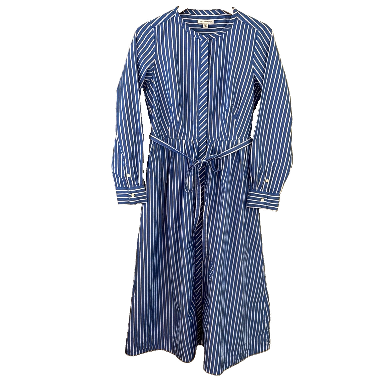 Free Assembly Midi Shirt Dress Women’s Size M Striped 100% Cotton Belted Modest