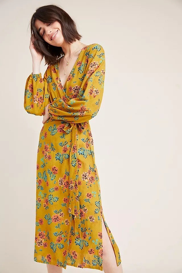 Floral Yellow Wrap Midi Dress With Tie Waist & Long Sleeves