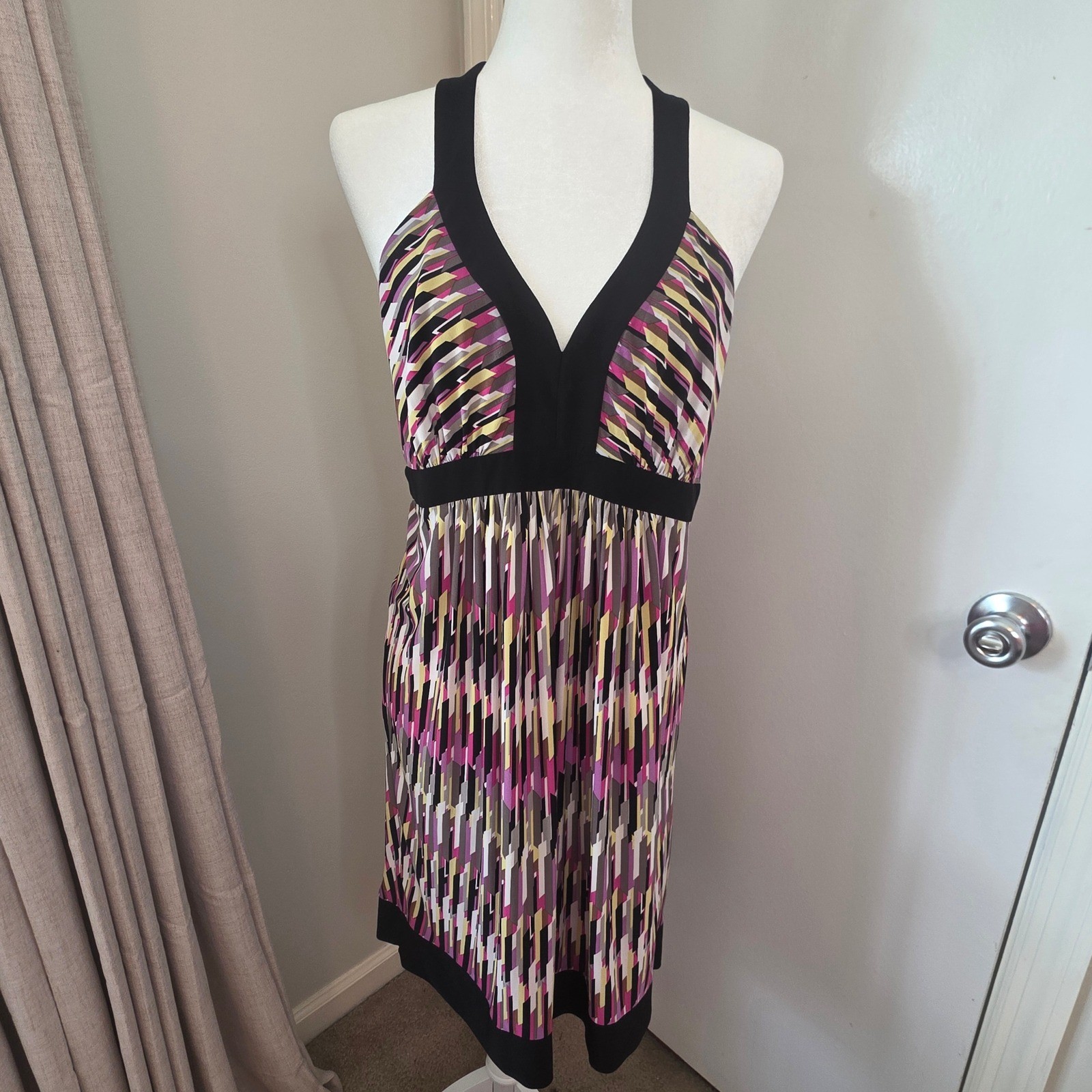 Max and Cleo Halter Dress Mini Geometric Black Yellow Purple Retro Y2K Party 12