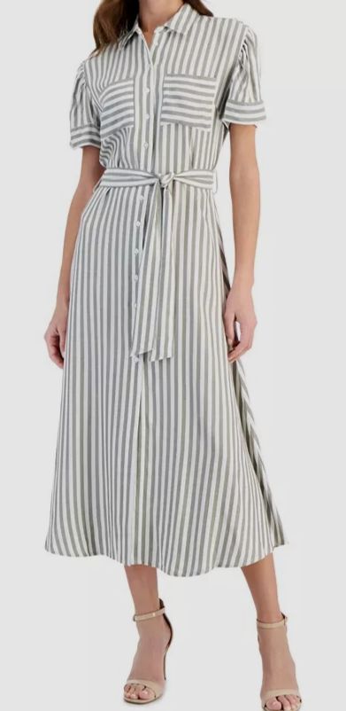 T Tahari Women’s White Tie-Waist Fit-Flare Midi Shirt Dress Size 4