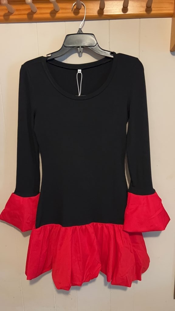 Black and Red Long Sleeve Dress with Flared Cuffs and Hem