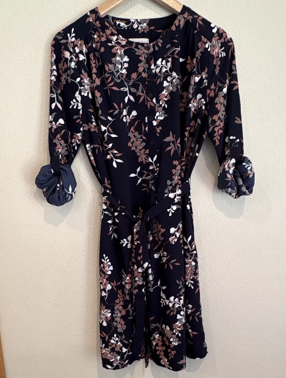 LOFT Navy/Pink/White/Gray Floral Shirt Dress Long Sleeve Button Belted S