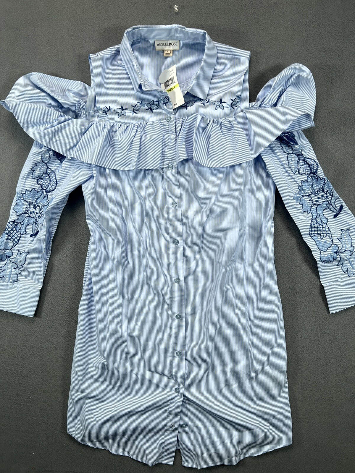 Weslee Rose Shirt Dress Womens 4 Blue Pinstripe Open Shoulder Pockets Ladies