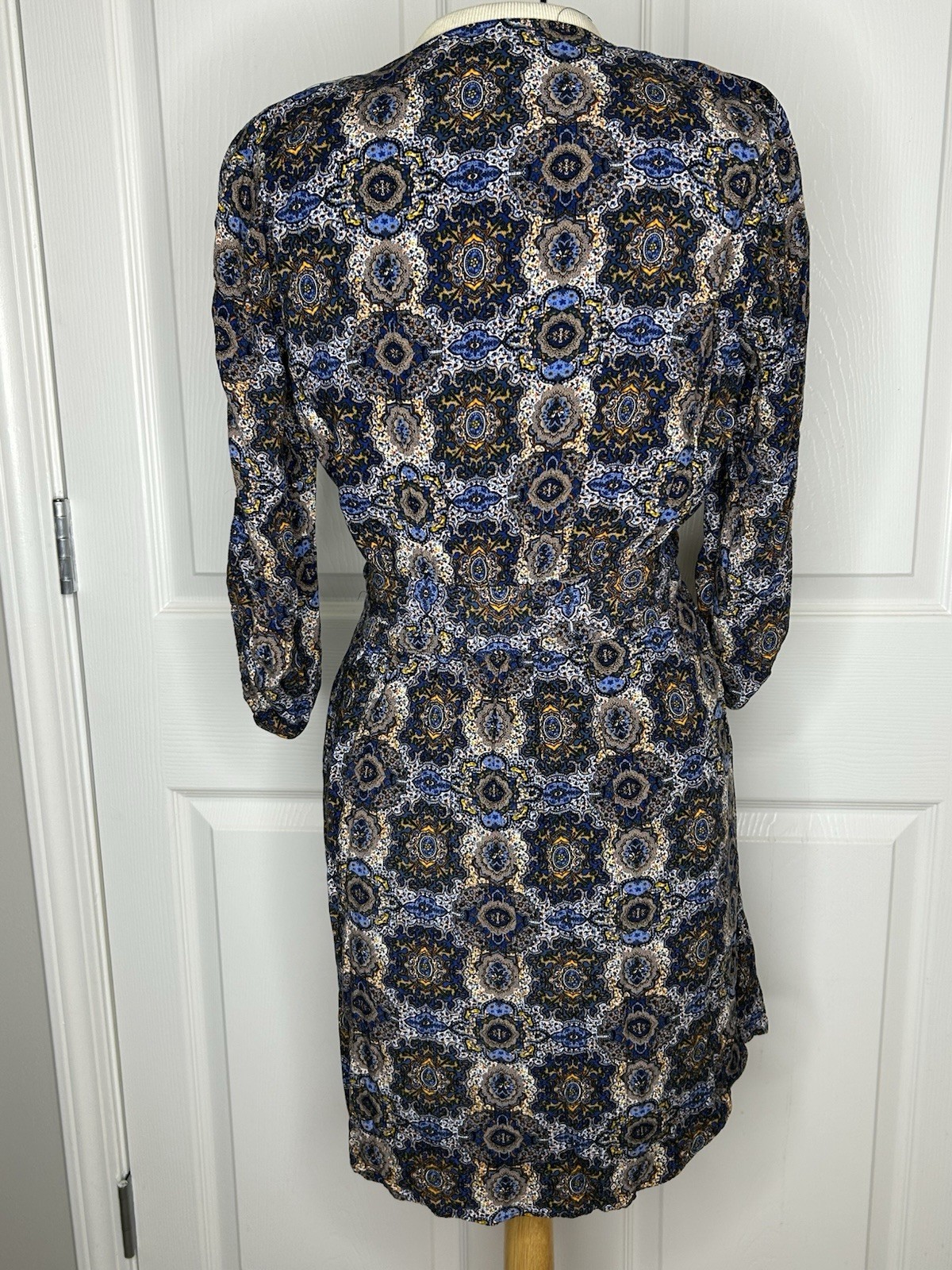 danielrainn Blue Paisley Wrap Dress V-Neck 3/4 Sleeve Tie Waist Lined S