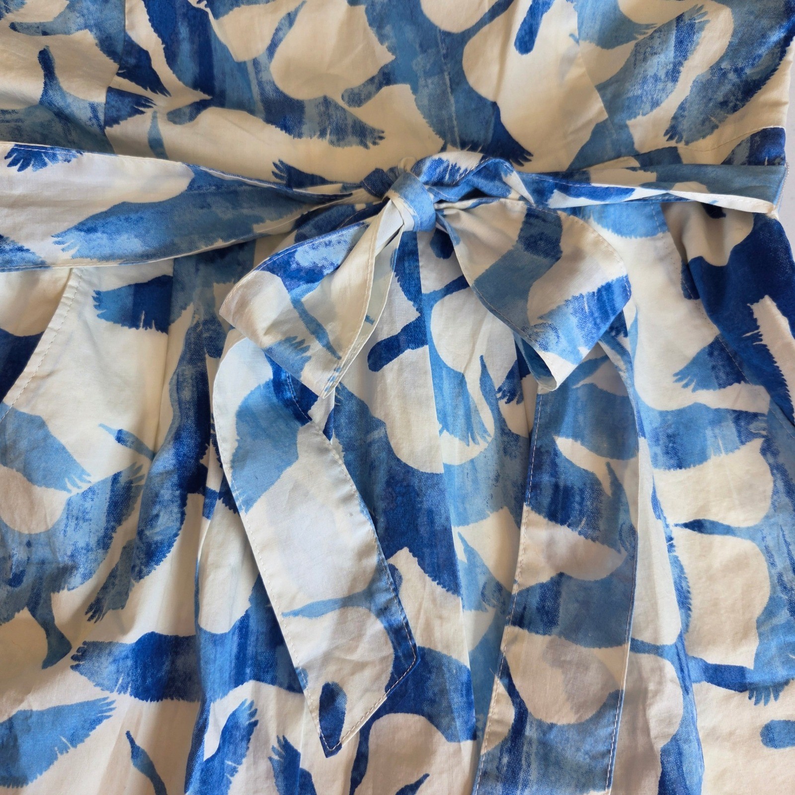 LL Bean Signature Blue White Crane Bird Print Linen Cotton Belted Dress NWT 4